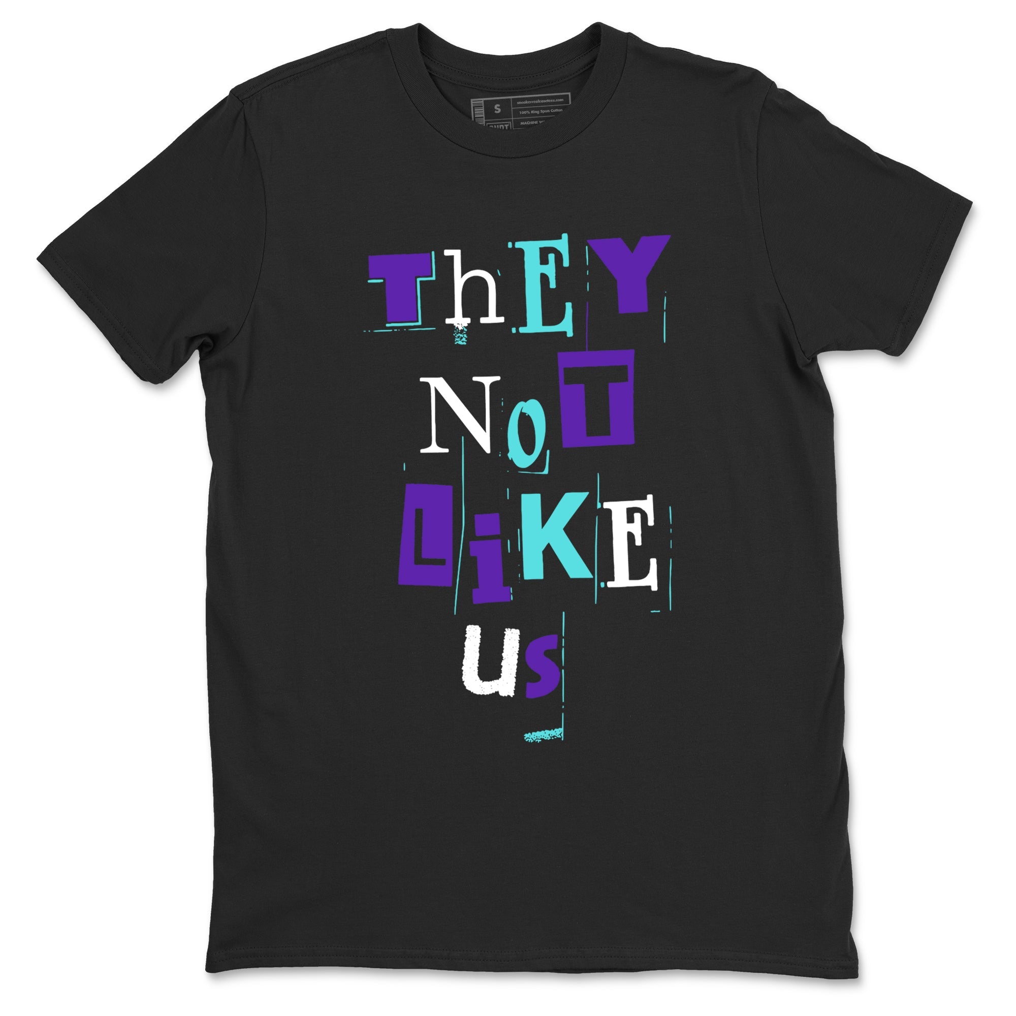 Vintage They Not Like Us sneaker match t-shirt styled to complete your fit with the Air Jordan 5 Grape sneakers, shown in Black 2.
