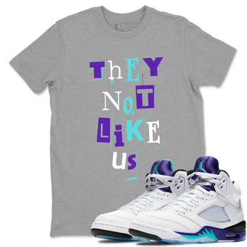 Vintage They Not Like Us sneaker match t-shirt styled to complete your fit with the Air Jordan 5 Grape sneakers, shown in Heather Grey 1.