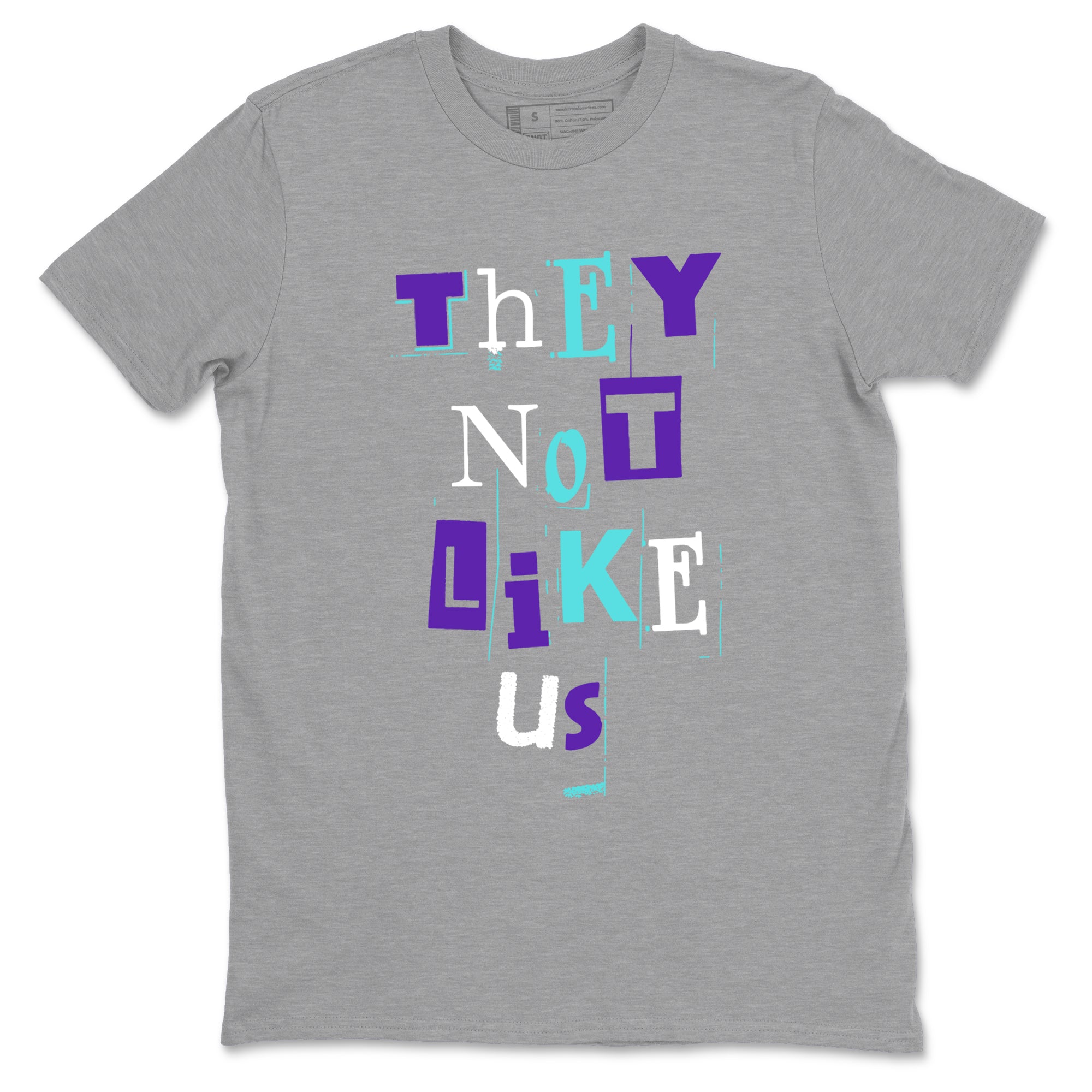 Vintage They Not Like Us sneaker match t-shirt styled to complete your fit with the Air Jordan 5 Grape sneakers, shown in Heather Grey 2.