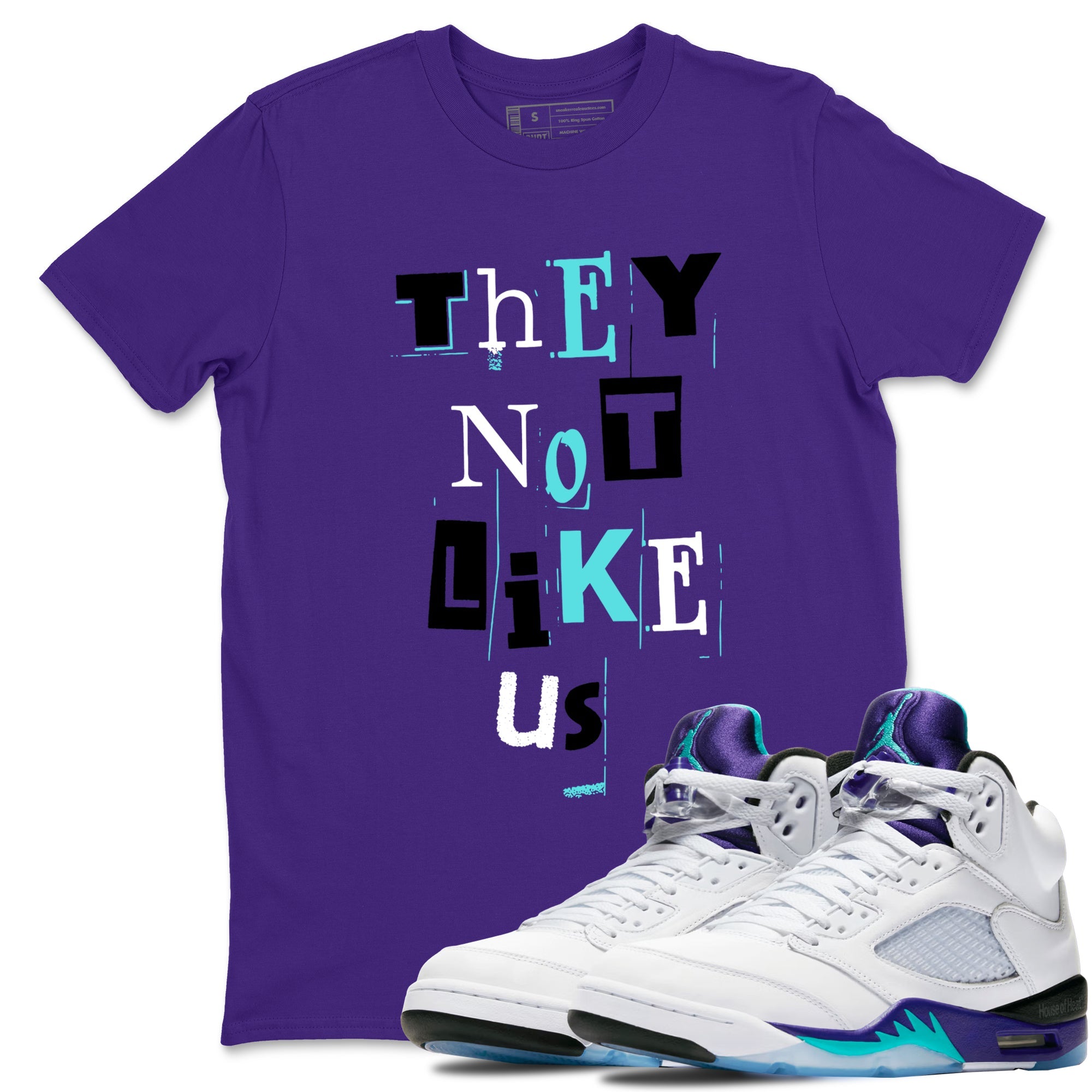 Vintage They Not Like Us sneaker match t-shirt styled to complete your fit with the Air Jordan 5 Grape sneakers, shown in Purple 1.