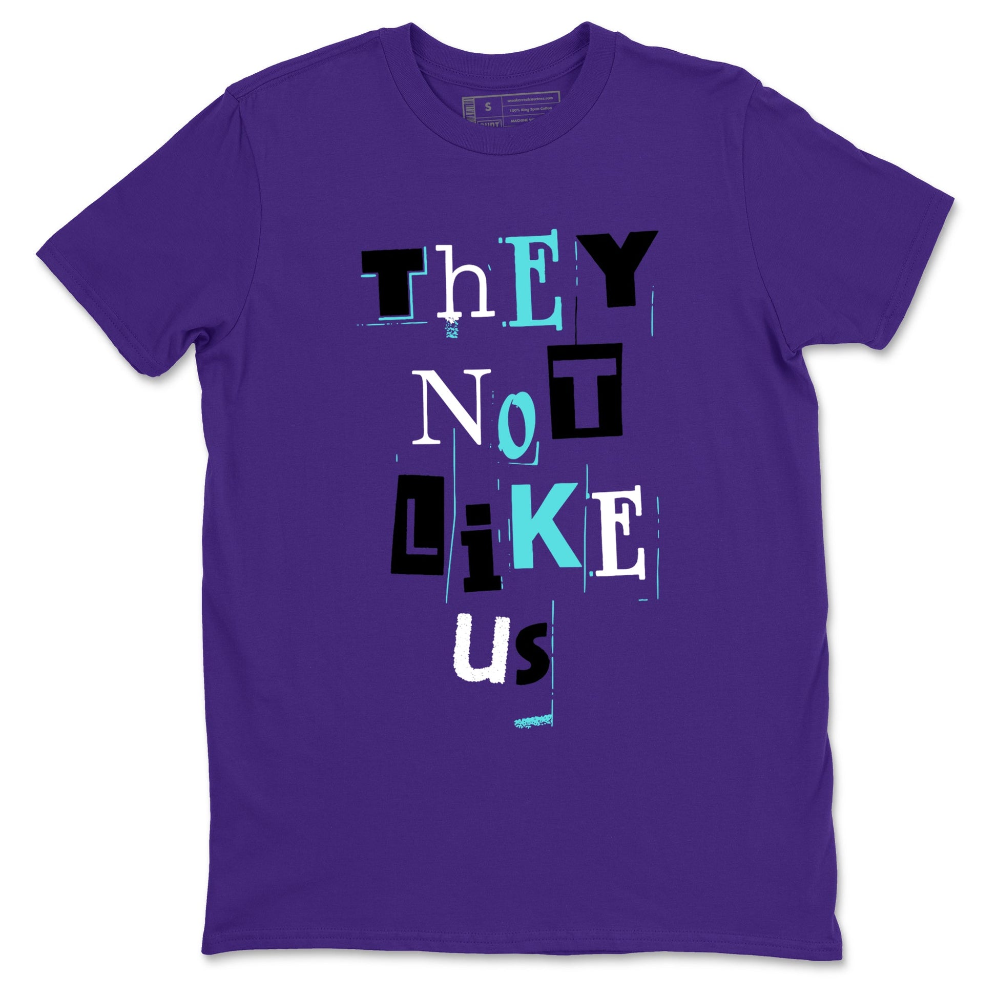 Vintage They Not Like Us sneaker match t-shirt styled to complete your fit with the Air Jordan 5 Grape sneakers, shown in Purple 2.