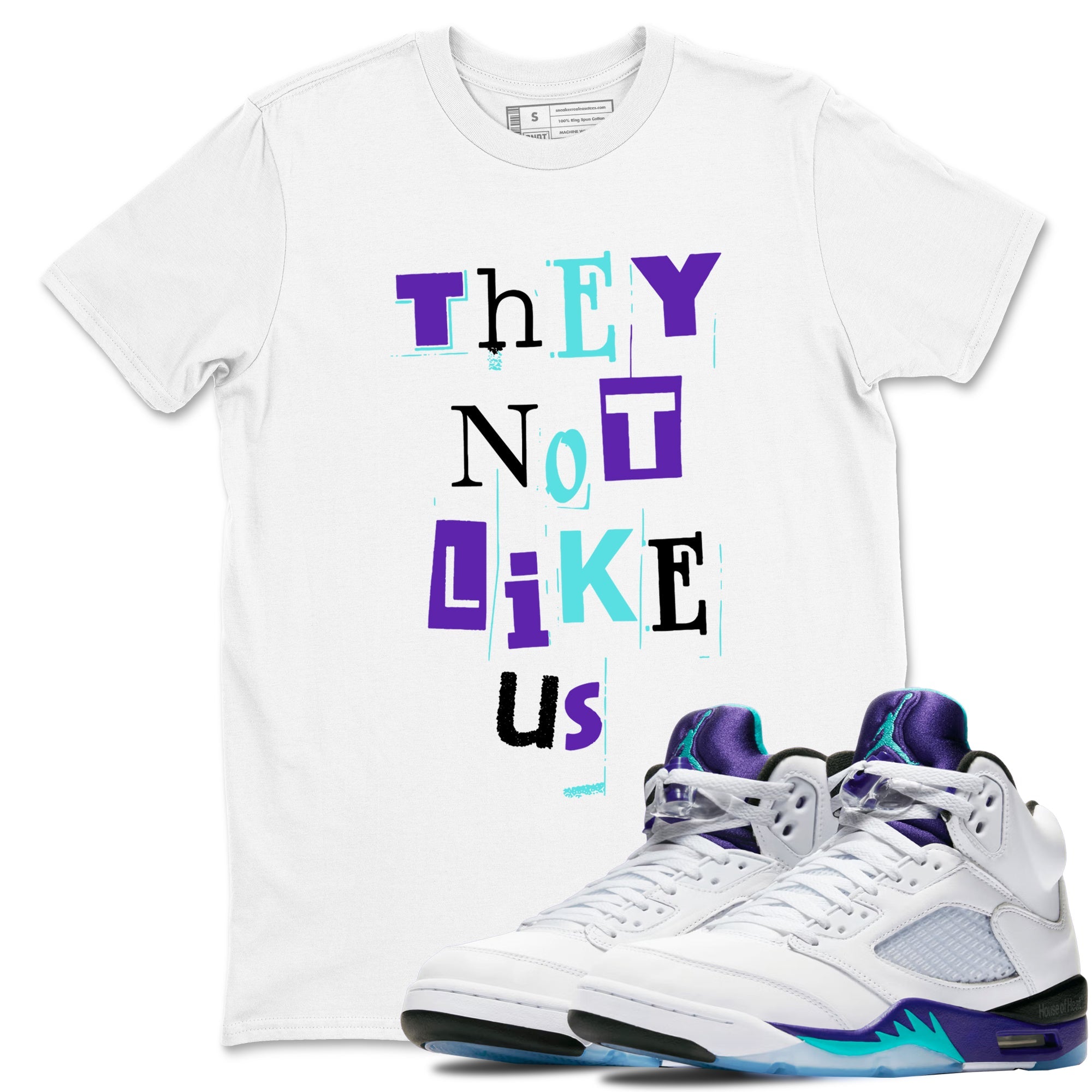 Vintage They Not Like Us sneaker match t-shirt styled to complete your fit with the Air Jordan 5 Grape sneakers, shown in White 1.