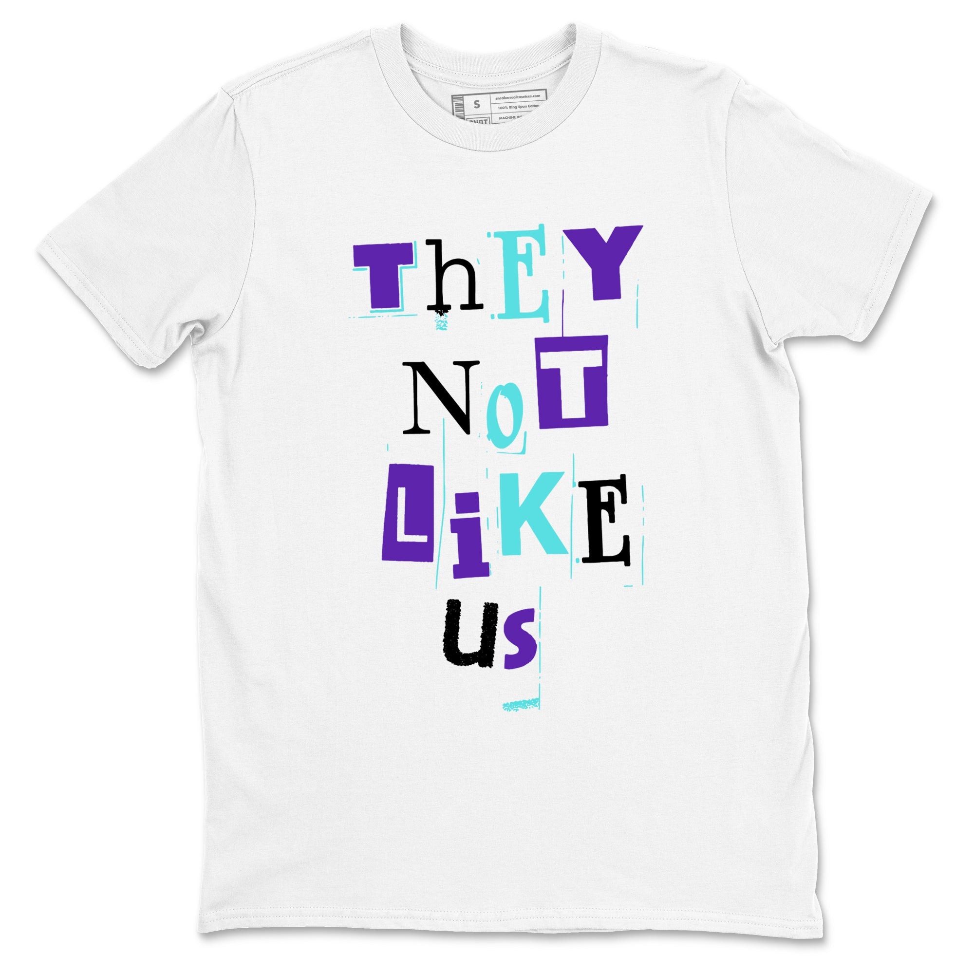 Vintage They Not Like Us sneaker match t-shirt styled to complete your fit with the Air Jordan 5 Grape sneakers, shown in White 2.