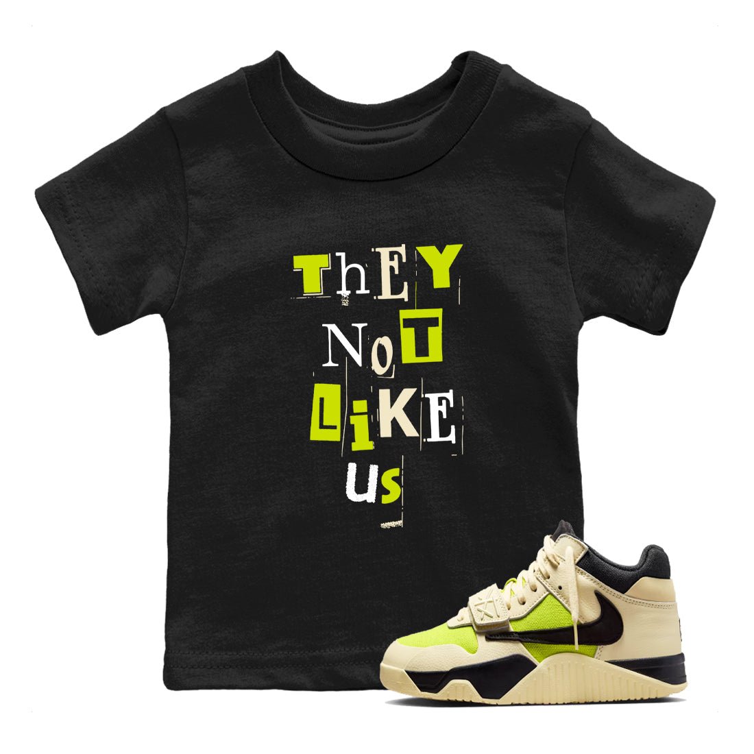 Vintage They Not Like Us baby and kids t-shirt crafted for little sneakerheads to shine with the Jordan Jumpman Jack Travis Scott Bright Cactus sneakers, displayed in Black 1.