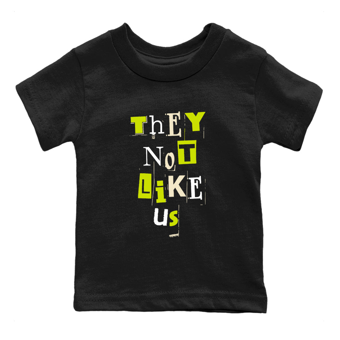 Vintage They Not Like Us baby and kids t-shirt crafted for little sneakerheads to shine with the Jordan Jumpman Jack Travis Scott Bright Cactus sneakers, displayed in Black 2.