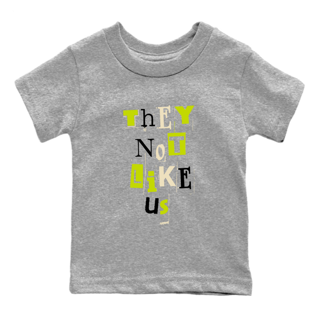 Vintage They Not Like Us baby and kids t-shirt crafted for little sneakerheads to shine with the Jordan Jumpman Jack Travis Scott Bright Cactus sneakers, displayed in Heather Grey 2.