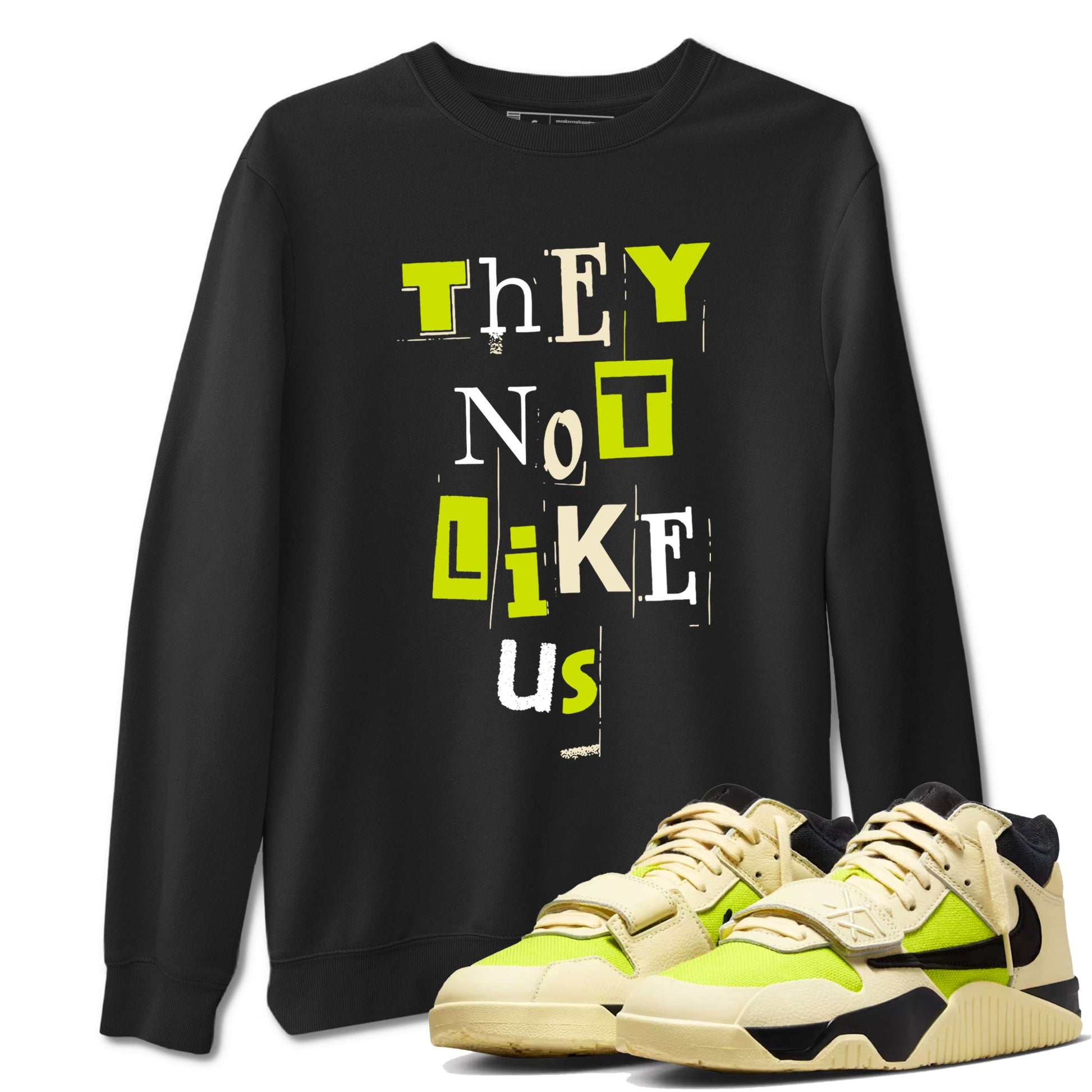 Vintage They Not Like Us sneaker match t-shirt styled to complete your fit with the Jordan Jumpman Jack Travis Scott Bright Cactus sneakers, shown in Black 1.