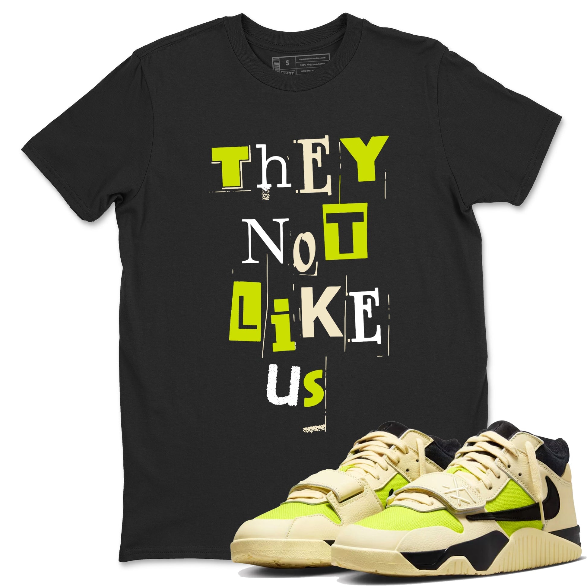 Vintage They Not Like Us sneaker match t-shirt styled to complete your fit with the Jordan Jumpman Jack Travis Scott Bright Cactus sneakers, shown in Black 1.