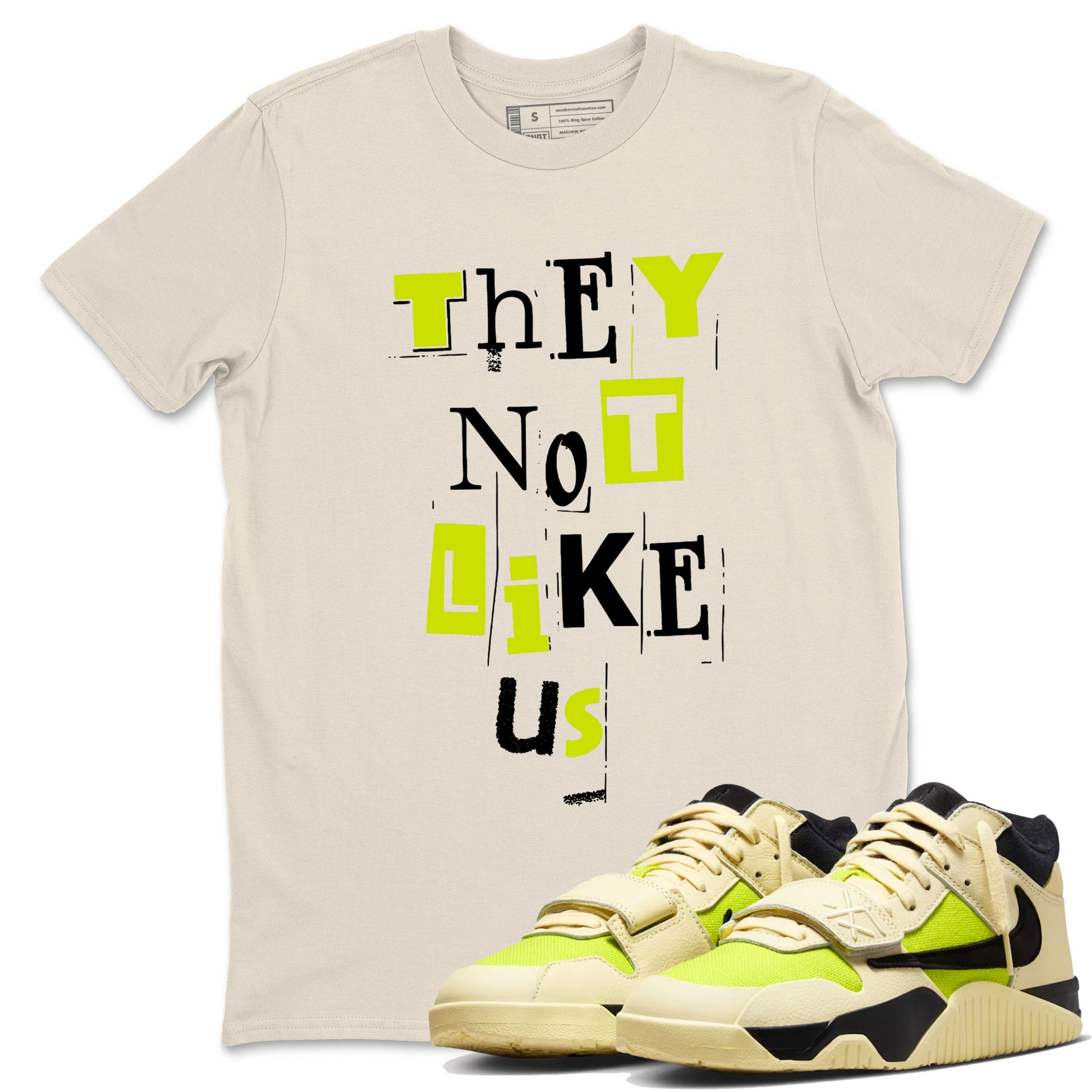 Vintage They Not Like Us sneaker match t-shirt styled to complete your fit with the Jordan Jumpman Jack Travis Scott Bright Cactus sneakers, shown in Natural 1.