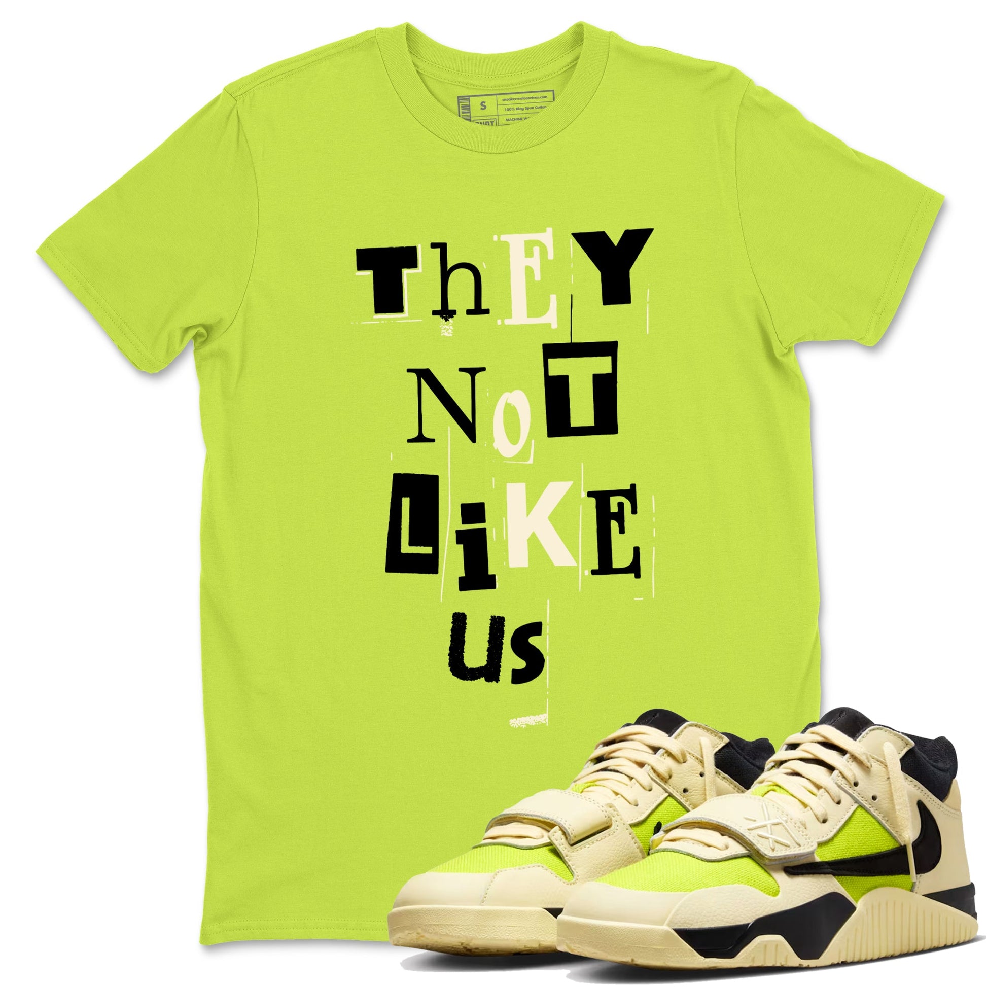 Vintage They Not Like Us sneaker match t-shirt styled to complete your fit with the Jordan Jumpman Jack Travis Scott Bright Cactus sneakers, shown in Safety Green 1.