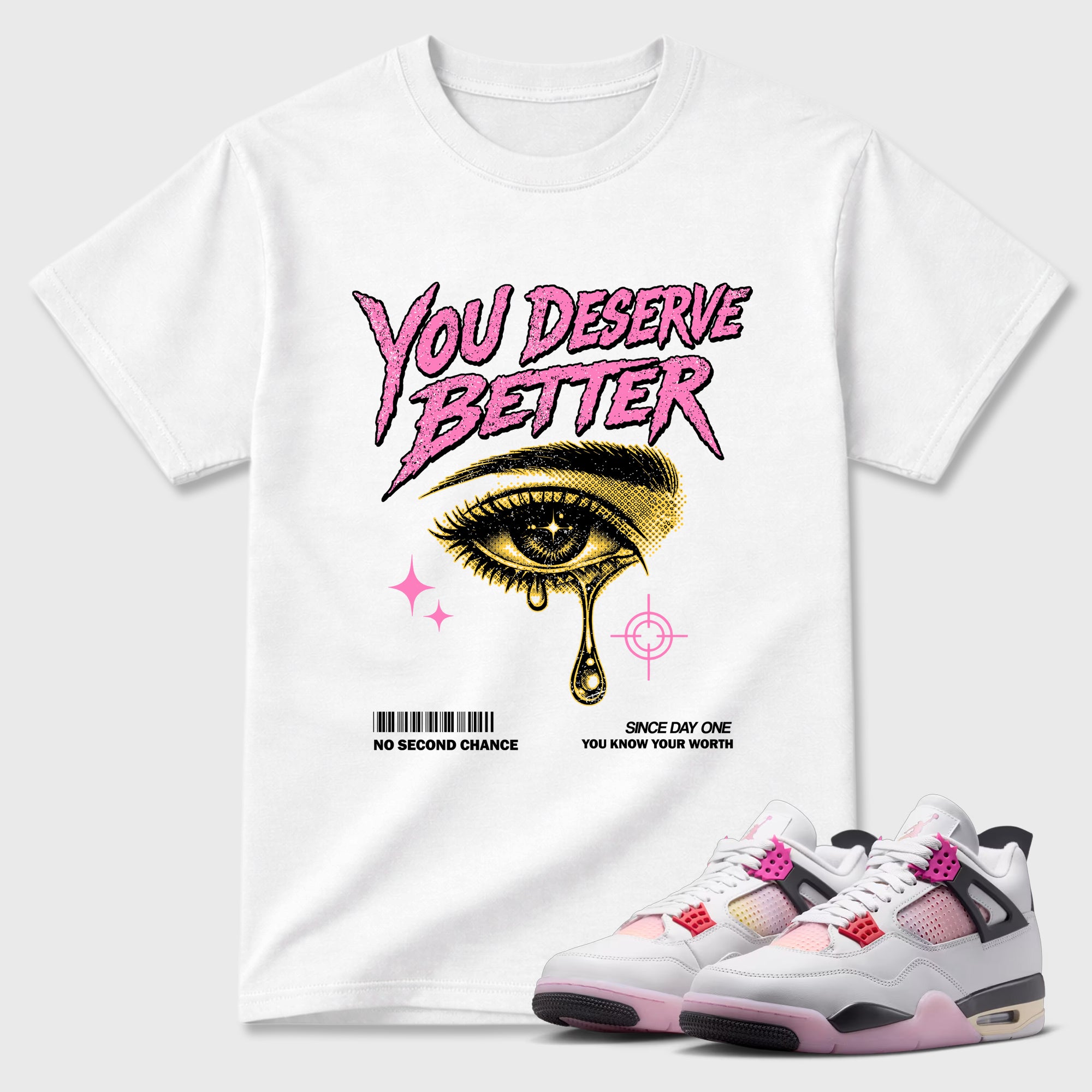 Vintage You Deserve Better Graphic T-Shirt featuring original streetwear artwork designed to match the Air Jordan 4 Comic. White 1 Graphic T-Shirt.