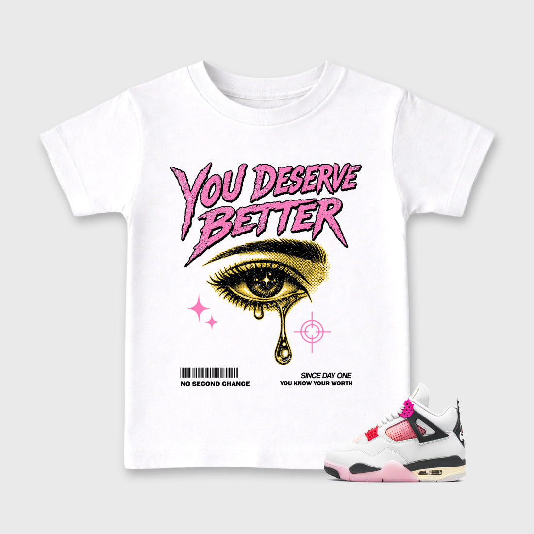 Vintage You Deserve Better Baby & Kids Graphic T-Shirt featuring original artwork designed to match the Air Jordan 4 Comic. White 1 Kids Graphic Tee.