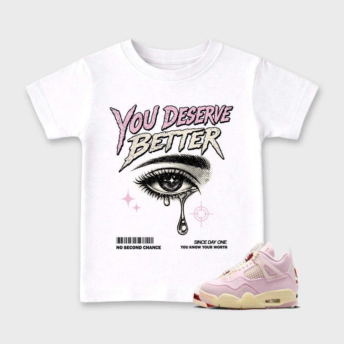 Sneaker match tees – Sneaker Tees To Match Air Jordan 4 Iced Carmine Shoes – Vintage You Deserve Better Kids T-Shirt White 1