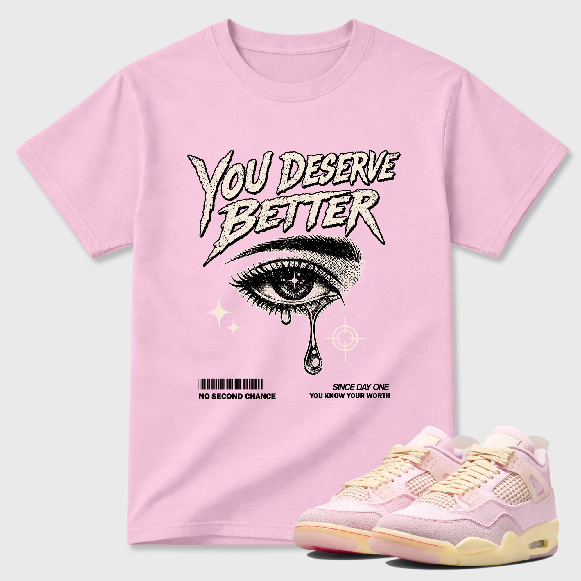 Sneaker match tees – Sneaker Tees To Match Air Jordan 4 Iced Carmine Shoes – Vintage You Deserve Better Tee Pink 1