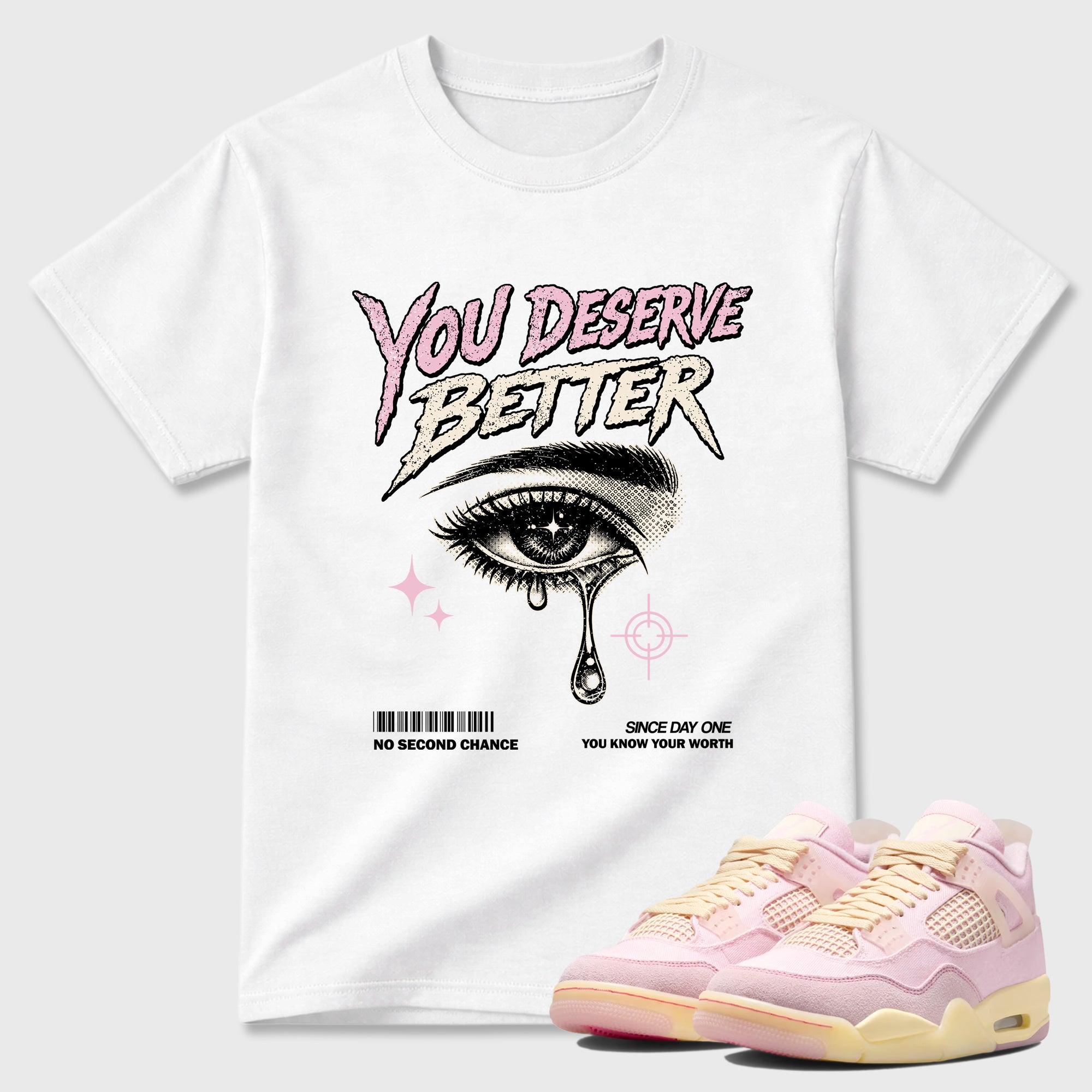 Sneaker match tees – Sneaker Tees To Match Air Jordan 4 Iced Carmine Shoes – Vintage You Deserve Better Tee White 1