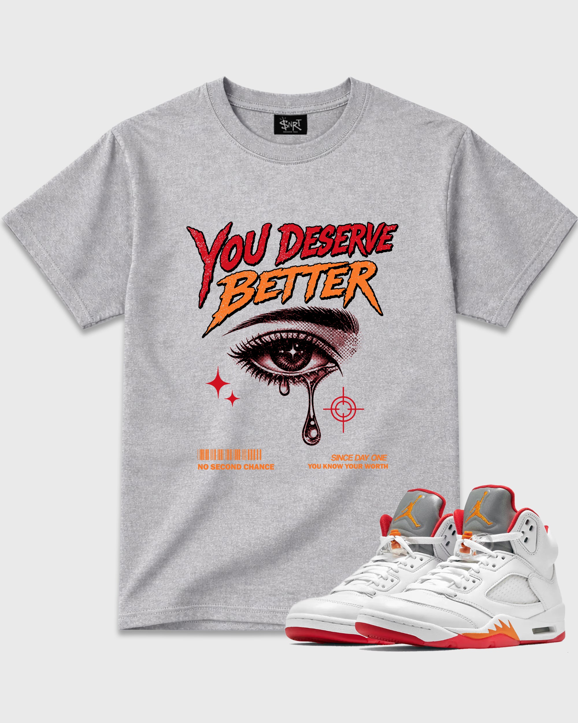 Vintage You Deserve Better Graphic T-Shirt featuring original streetwear artwork designed to match the Air Jordan 5 Sunset. Heather Grey 1 Graphic T-Shirt.