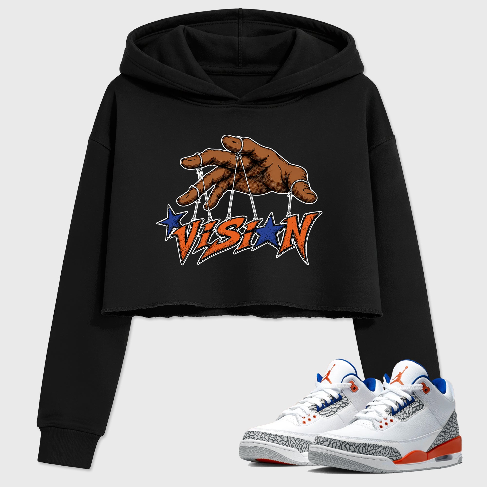 Vision Women’s Graphic Crop Tee featuring original streetwear artwork designed to match the Air Jordan 3 Knicks. Black 1 Crop Tee.