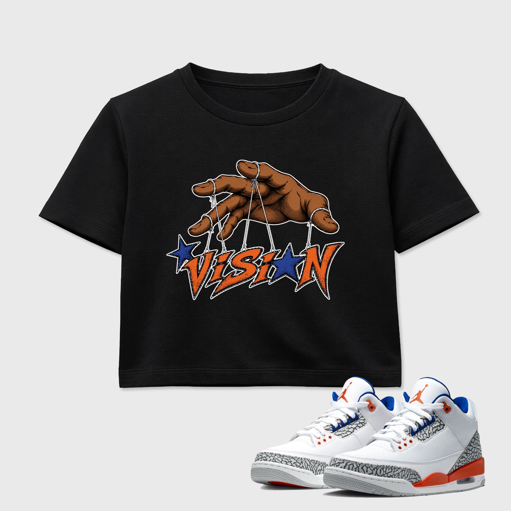 Vision women’s crop tee designed to match the Air Jordan 3 Knicks, featuring coordinated Black 1 options for a perfect streetwear vibe.