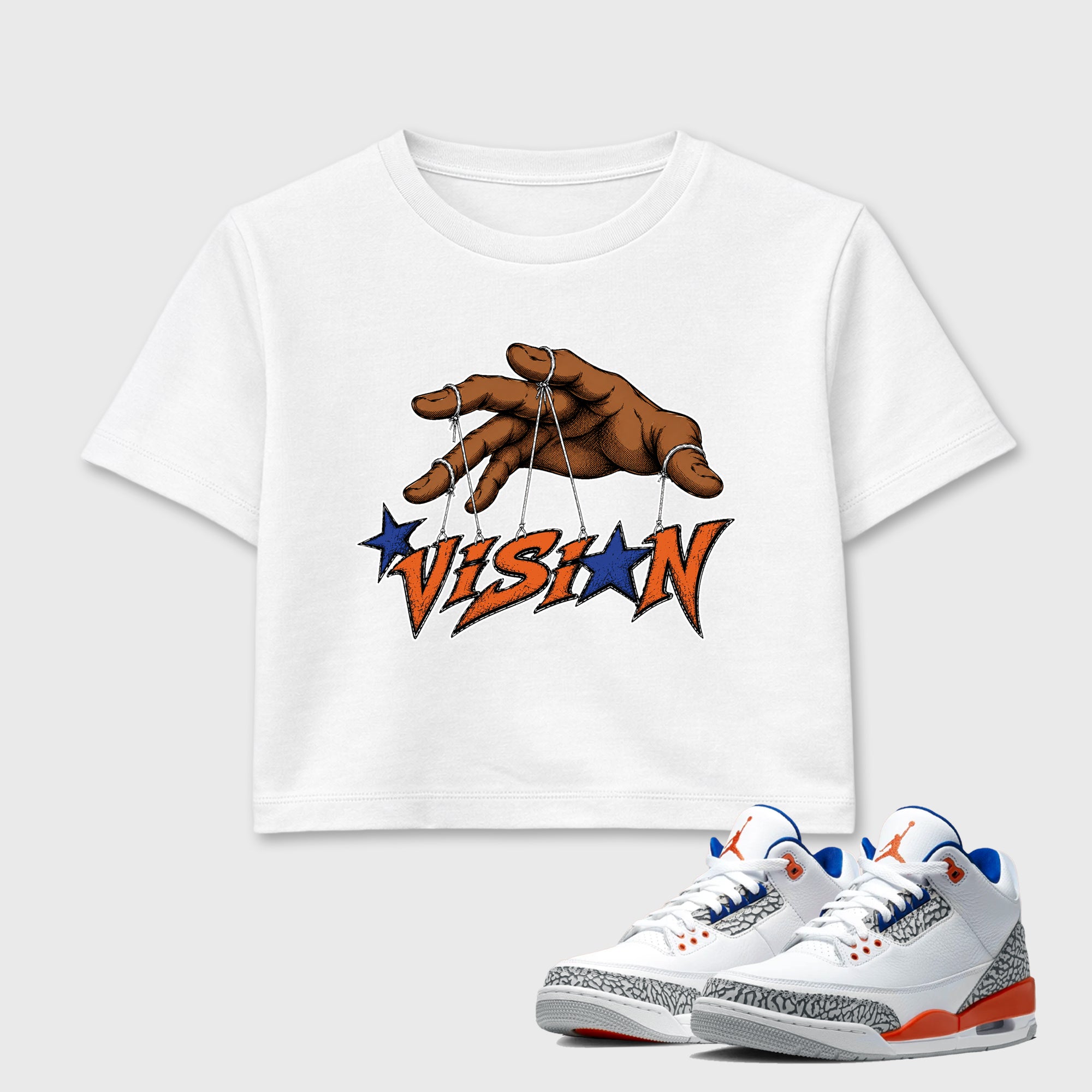 Vision women’s crop tee designed to match the Air Jordan 3 Knicks, featuring coordinated White 1 options for a perfect streetwear vibe.