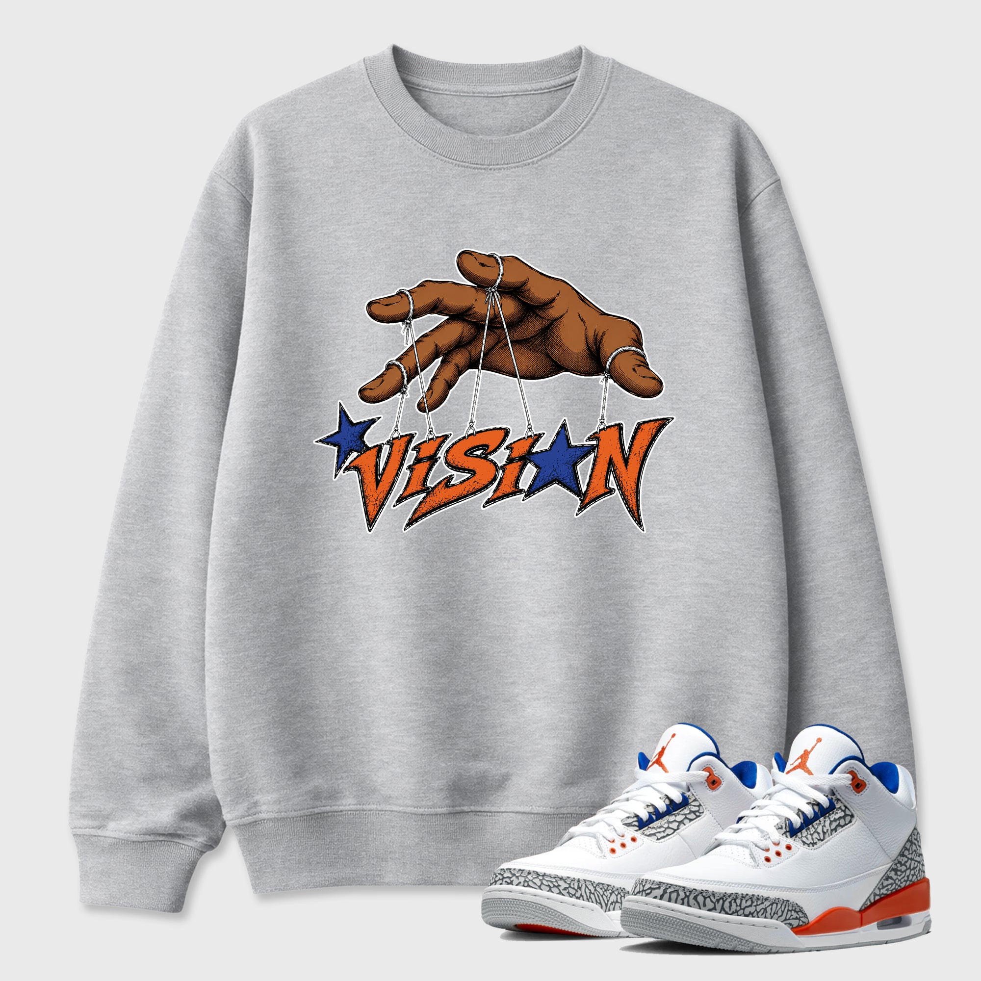 Vision Graphic T-Shirt featuring original streetwear artwork designed to match the Air Jordan 3 Knicks. Heather Grey 1 Graphic Tee.
