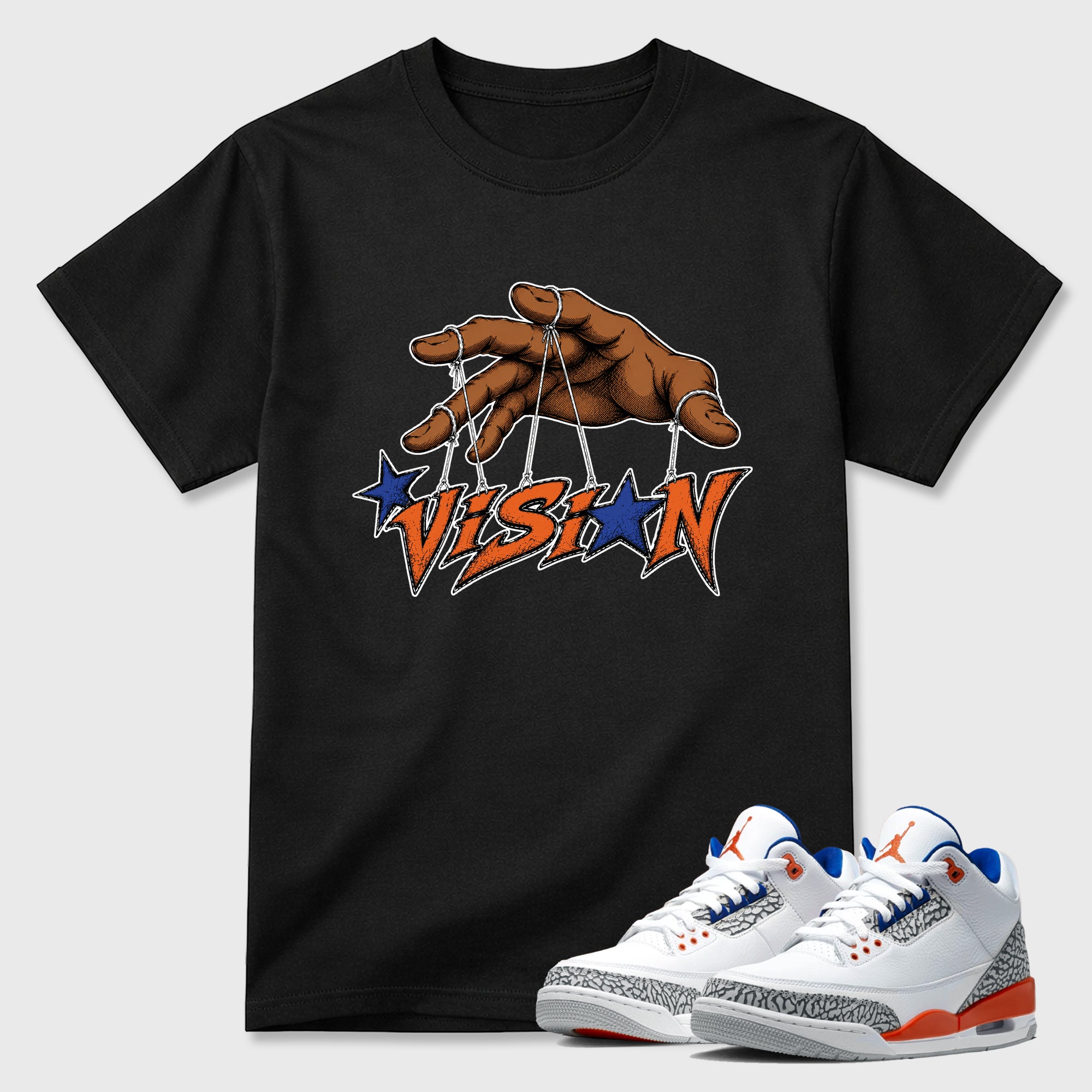 Vision Graphic T-Shirt featuring original streetwear artwork designed to match the Air Jordan 3 Knicks. Black 1 Graphic T-Shirt.