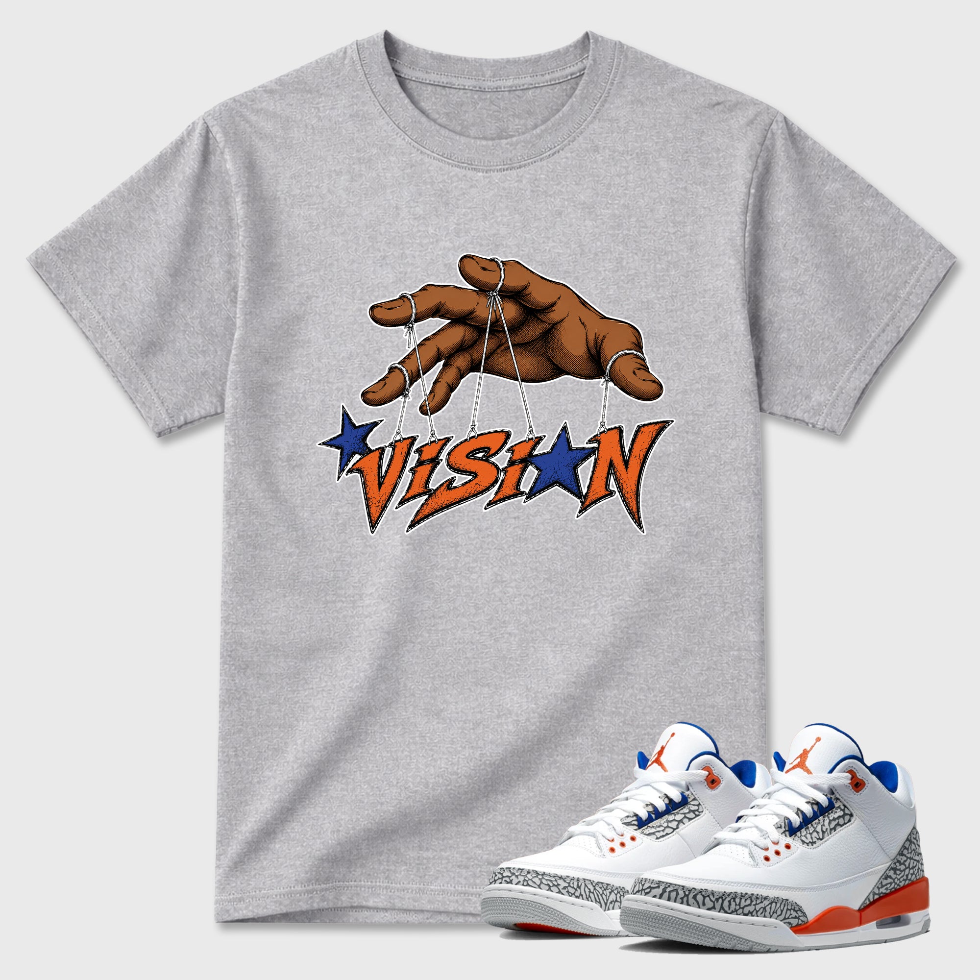 Vision Graphic T-Shirt featuring original streetwear artwork designed to match the Air Jordan 3 Knicks. Heather Grey 1 Graphic T-Shirt.