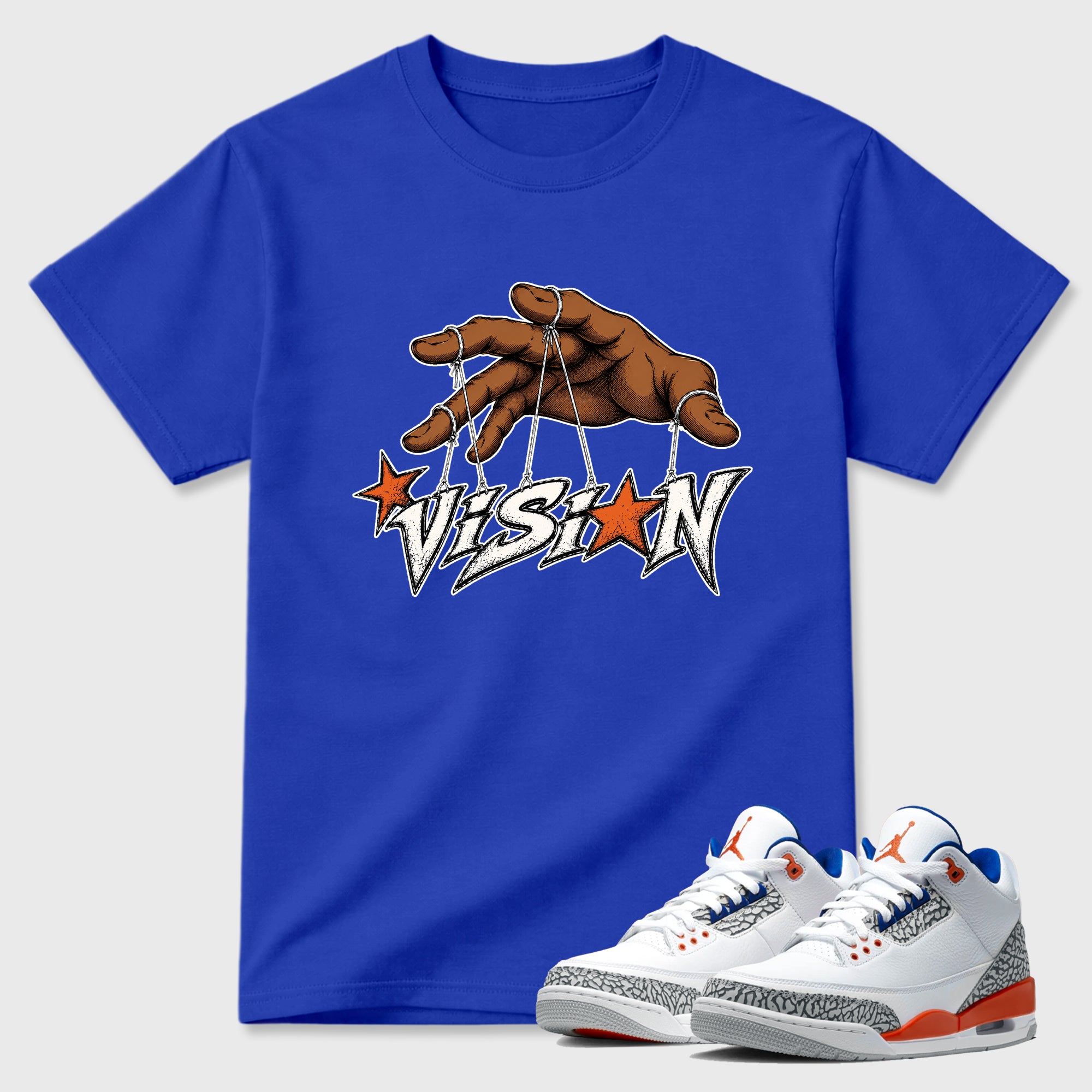 Vision Graphic T-Shirt featuring original streetwear artwork designed to match the Air Jordan 3 Knicks. Royal Blue 1 Graphic T-Shirt.