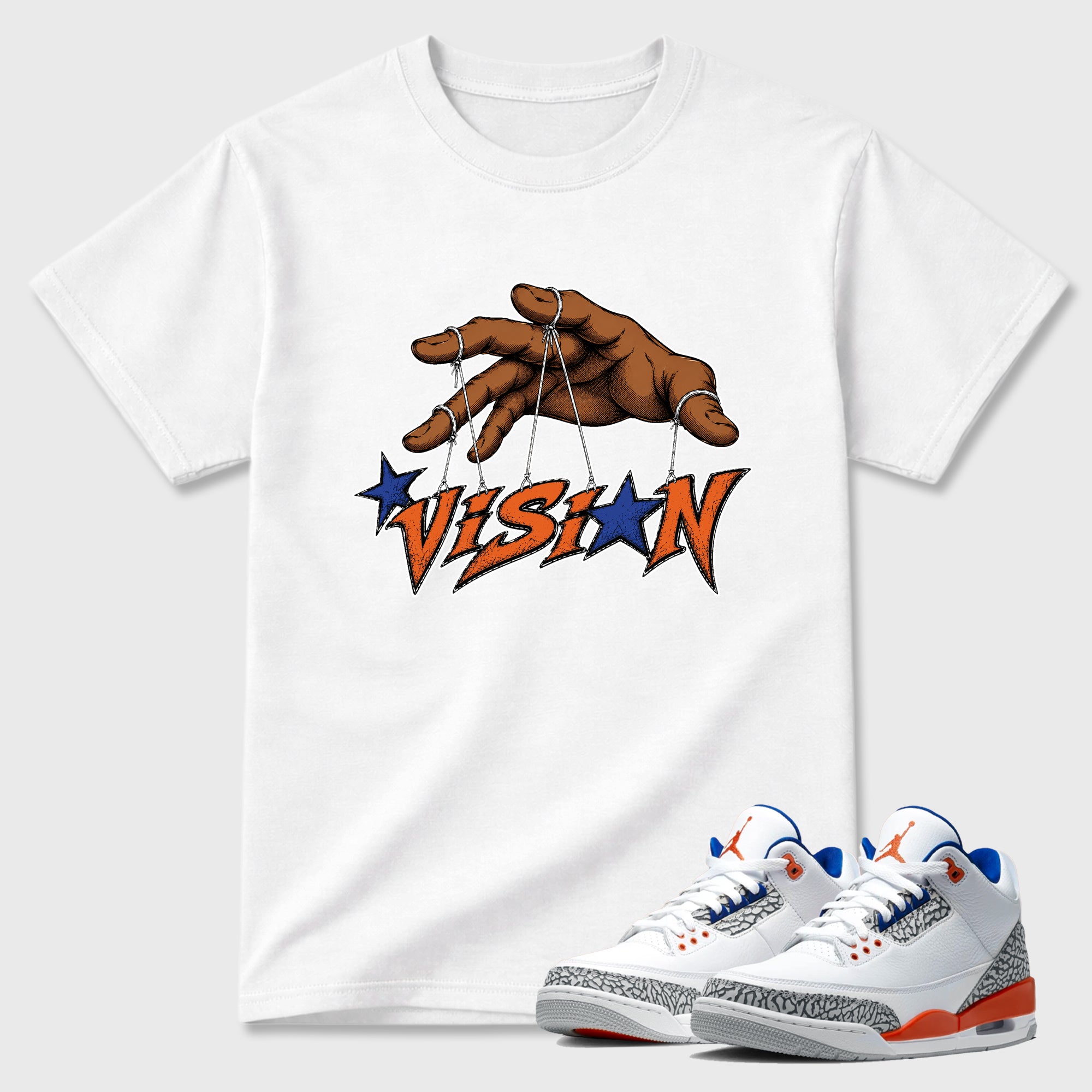 Vision Graphic T-Shirt featuring original streetwear artwork designed to match the Air Jordan 3 Knicks. White 1 Graphic T-Shirt.