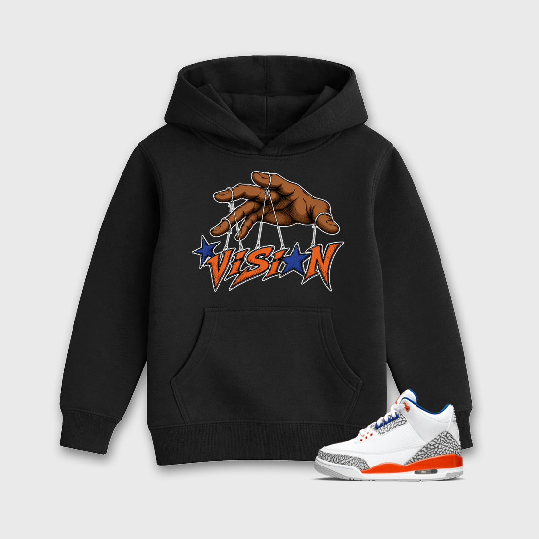 Vision Baby & Kids Graphic Hoodie featuring original artwork designed to match the Air Jordan 3 Knicks. Black 1 Kids Graphic Sweater.