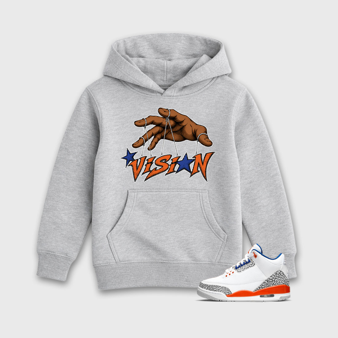 Vision Baby & Kids Graphic Hoodie featuring original artwork designed to match the Air Jordan 3 Knicks. Heather Grey 1 Kids Graphic Sweater.