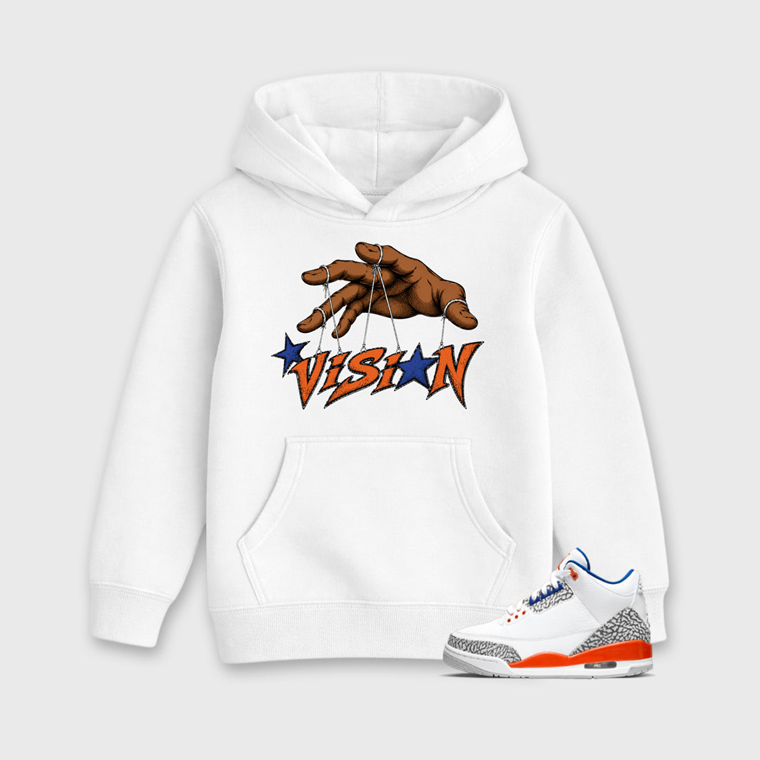 Vision Baby & Kids Graphic Hoodie featuring original artwork designed to match the Air Jordan 3 Knicks. White 1 Kids Graphic Sweater.
