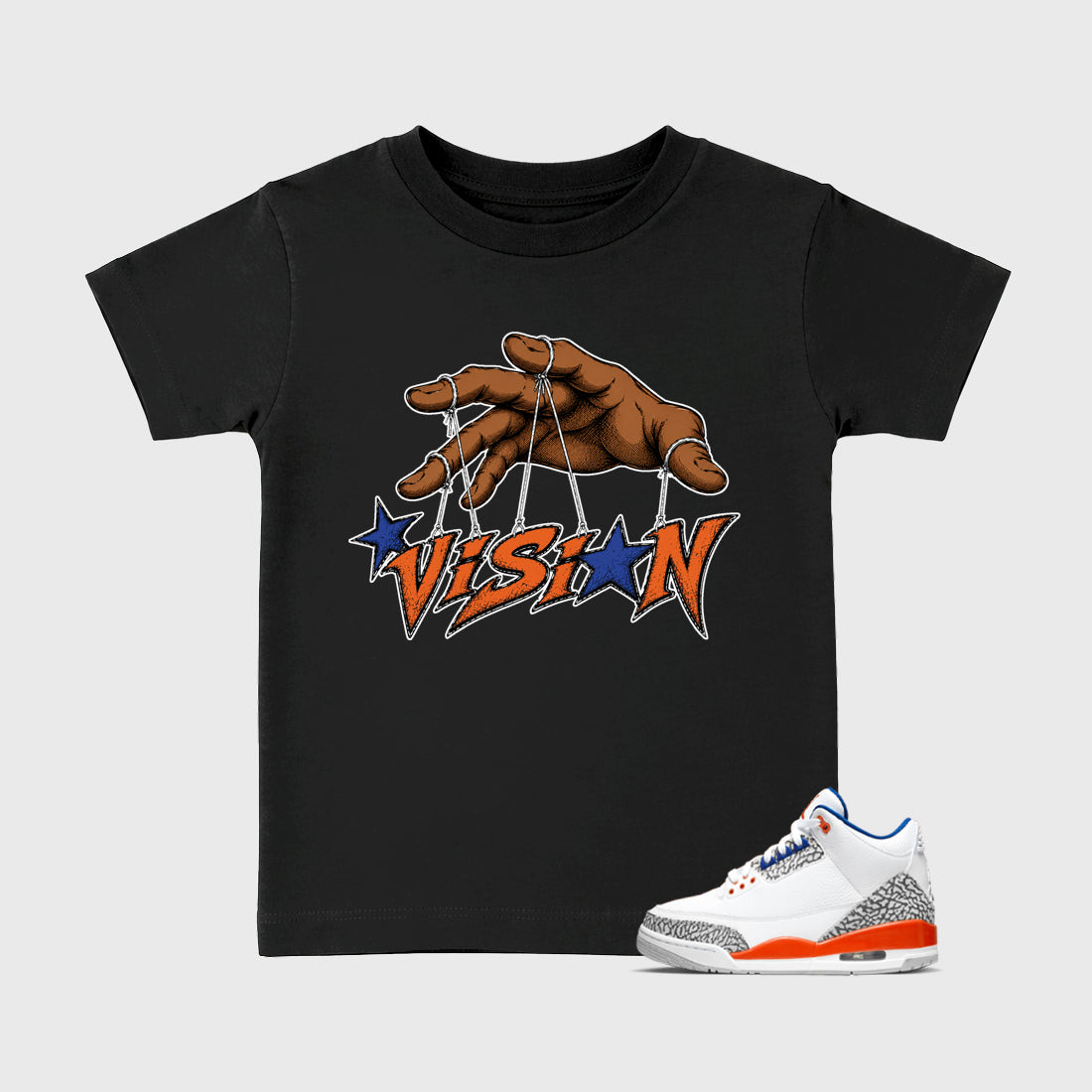 Vision Baby & Kids Graphic T-Shirt featuring original artwork designed to match the Air Jordan 3 Knicks. Black 1 Kids Graphic Tee.