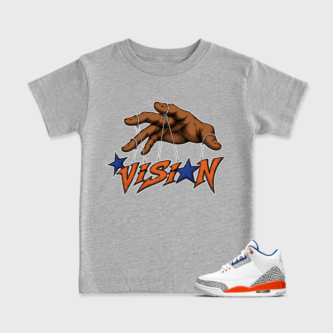 Vision Baby & Kids Graphic T-Shirt featuring original artwork designed to match the Air Jordan 3 Knicks. Heather Grey 1 Kids Graphic Tee.