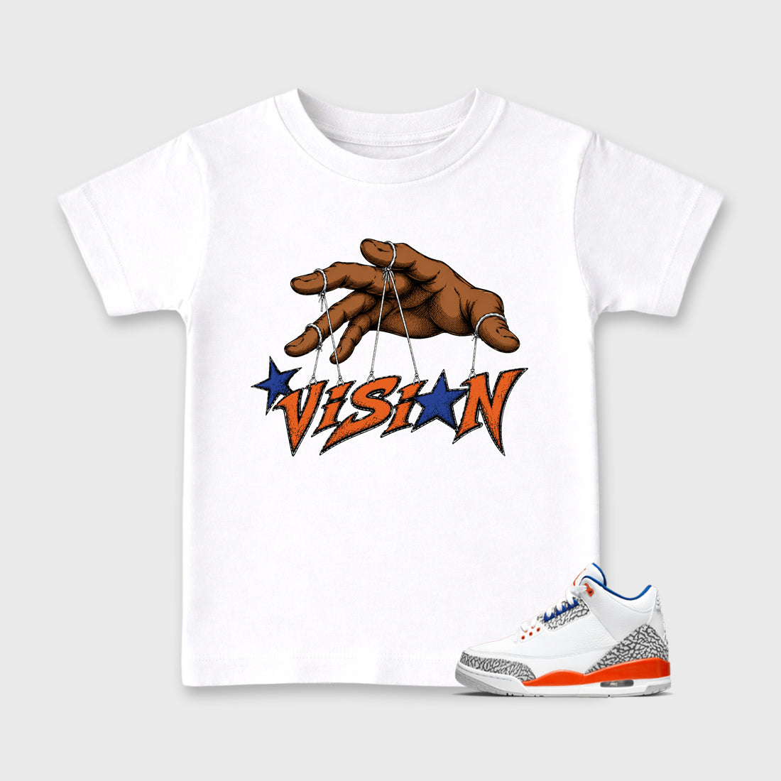 Vision Baby & Kids Graphic T-Shirt featuring original artwork designed to match the Air Jordan 3 Knicks. White 1 Kids Graphic Tee.