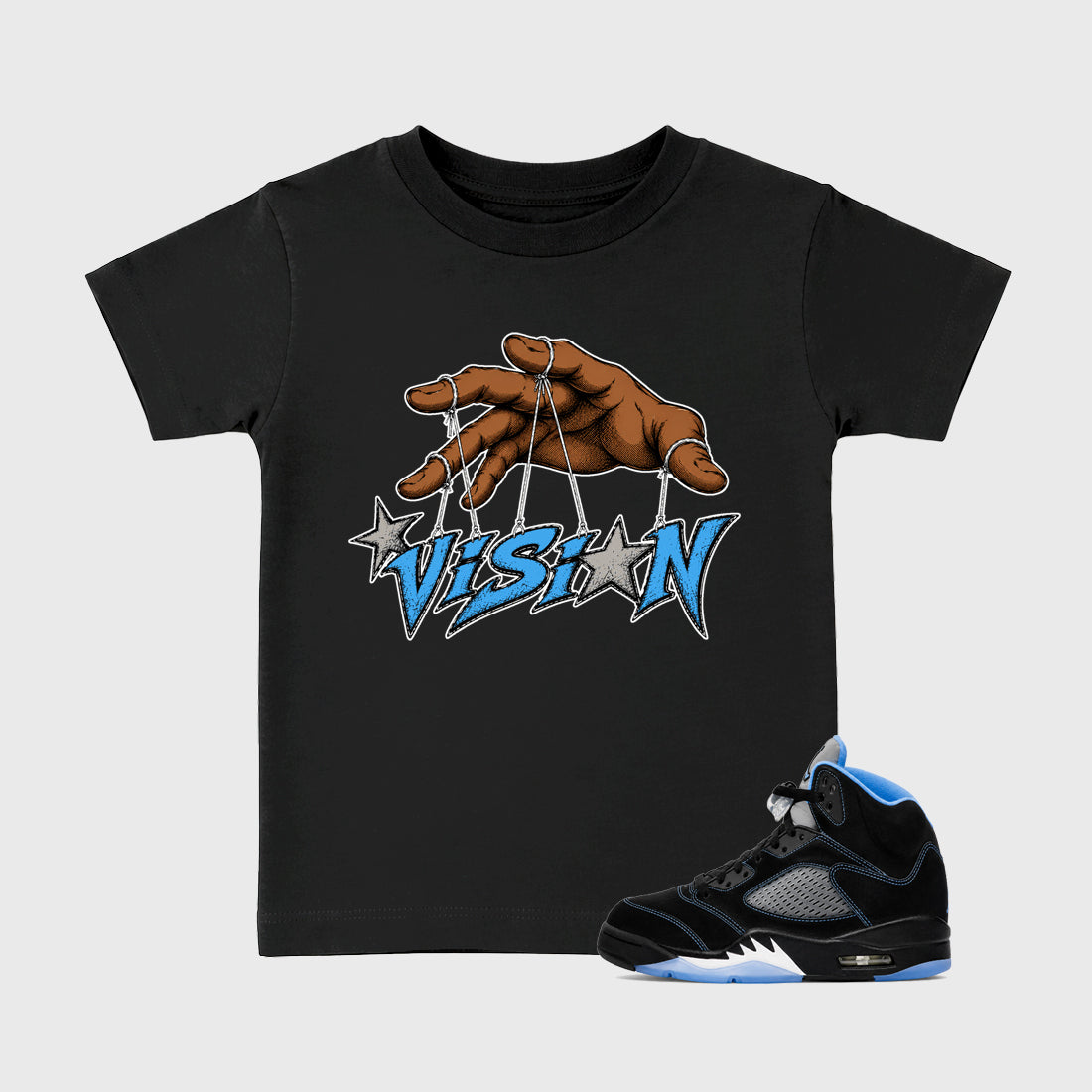 Vision affordable baby and kids t-shirt designed to match the Air Jordan 5 Black Carolina, featuring coordinated Black 1 options for the perfect little sneakerhead streetwear look.