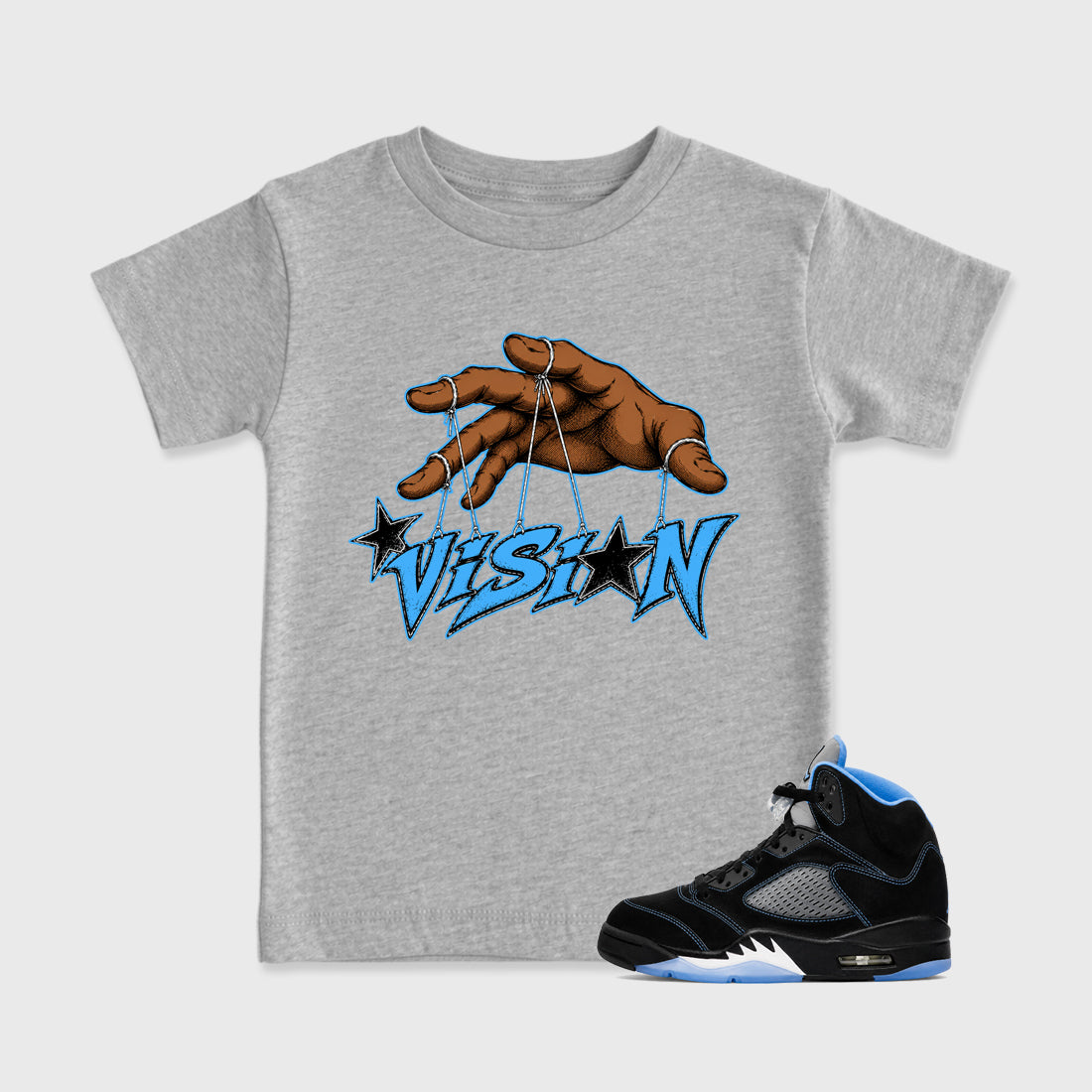 Vision affordable baby and kids t-shirt designed to match the Air Jordan 5 Black Carolina, featuring coordinated Heather Grey 1 options for the perfect little sneakerhead streetwear look.