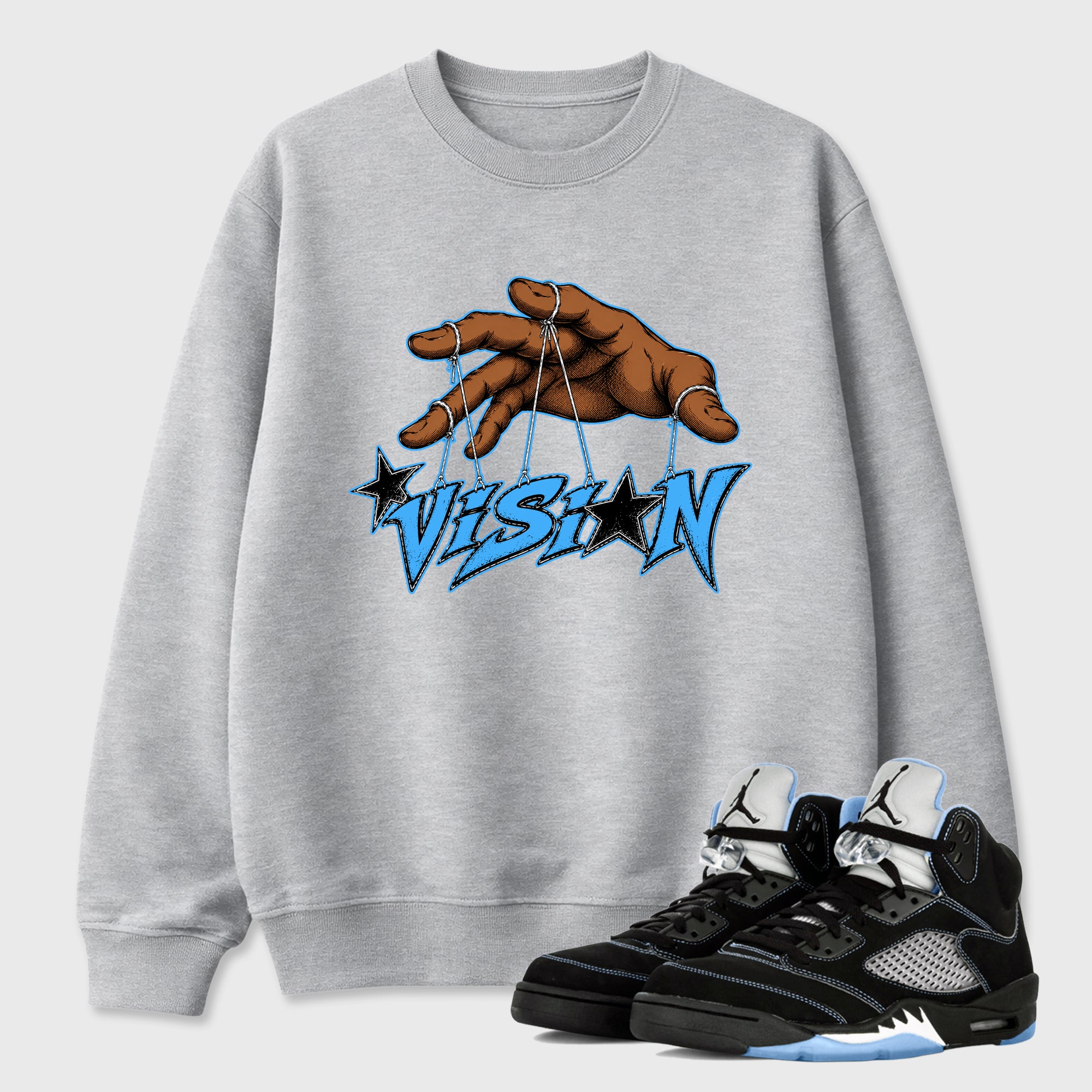 Vision Graphic T-Shirt sneaker match tee designed for the Air Jordan 5 Black Carolina, featuring coordinated color options for a perfect streetwear match. Heather Grey 1 shirt.