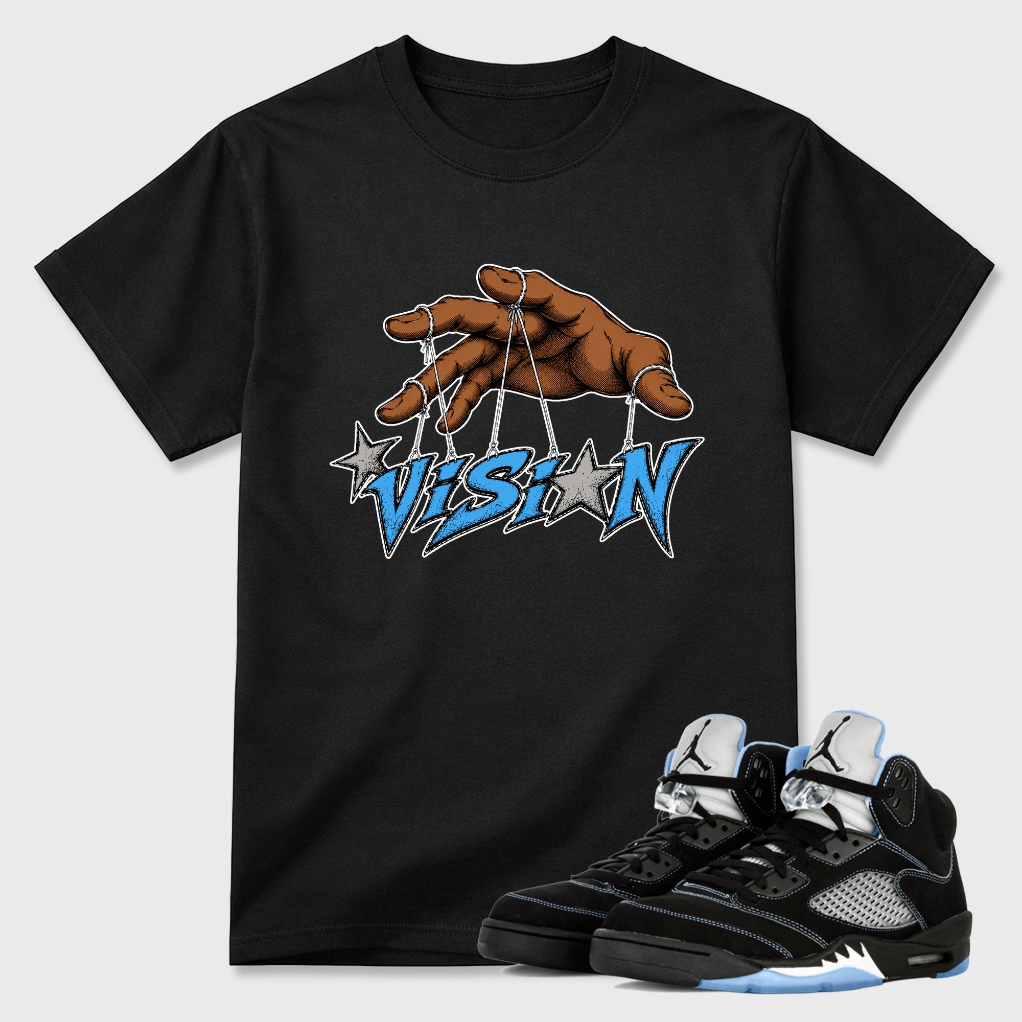 Vision Graphic T-Shirt sneaker match tee designed for the Air Jordan 5 Black Carolina, featuring coordinated color options for a perfect streetwear match. Black 1 shirt.