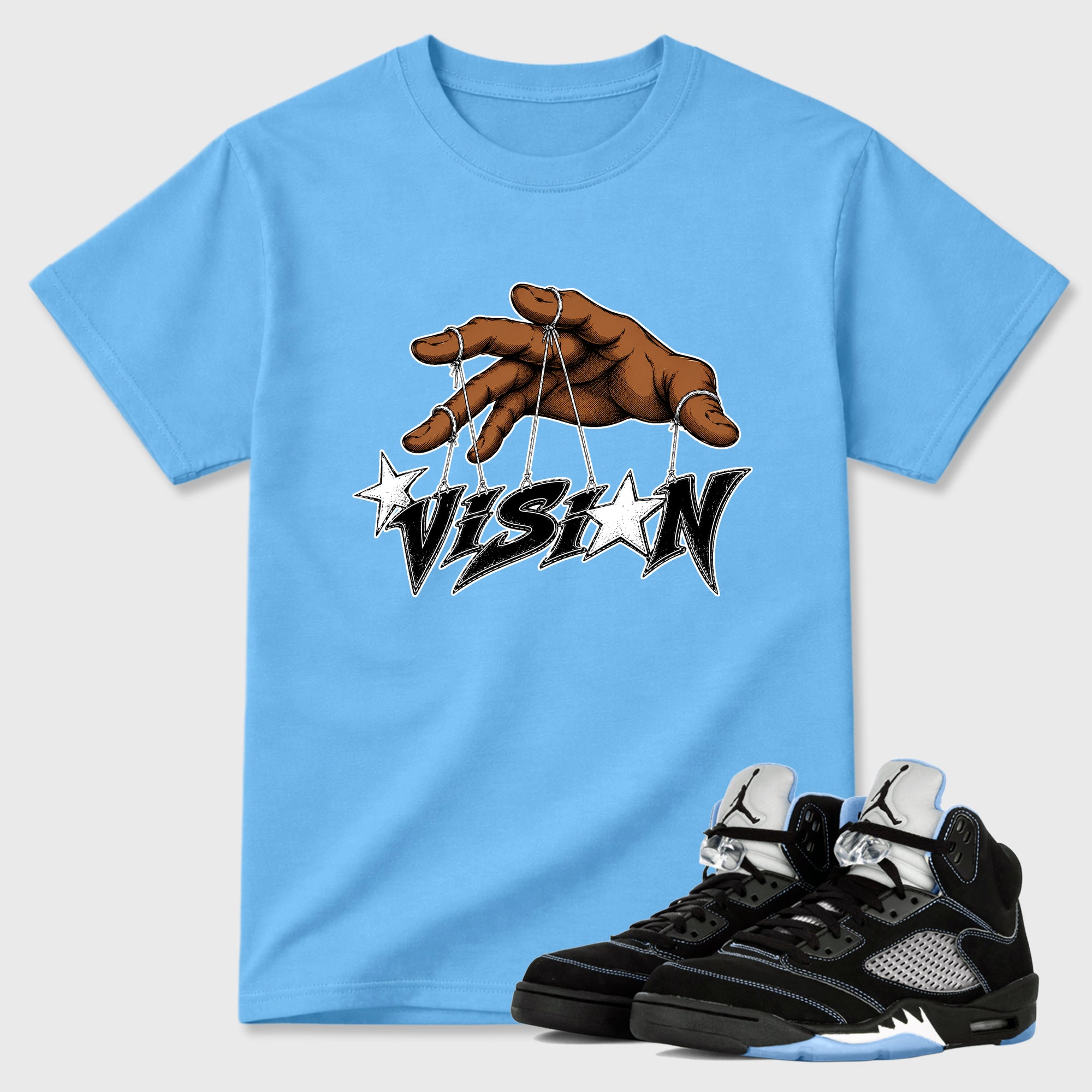 Vision Graphic T-Shirt sneaker match tee designed for the Air Jordan 5 Black Carolina, featuring coordinated color options for a perfect streetwear match. Carolina Blue 1 shirt.