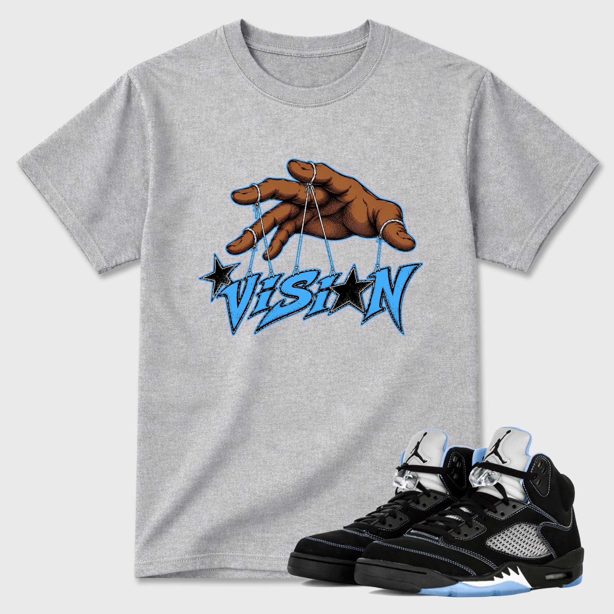 Vision Graphic T-Shirt sneaker match tee designed for the Air Jordan 5 Black Carolina, featuring coordinated color options for a perfect streetwear match. Heather Grey 1 shirt.