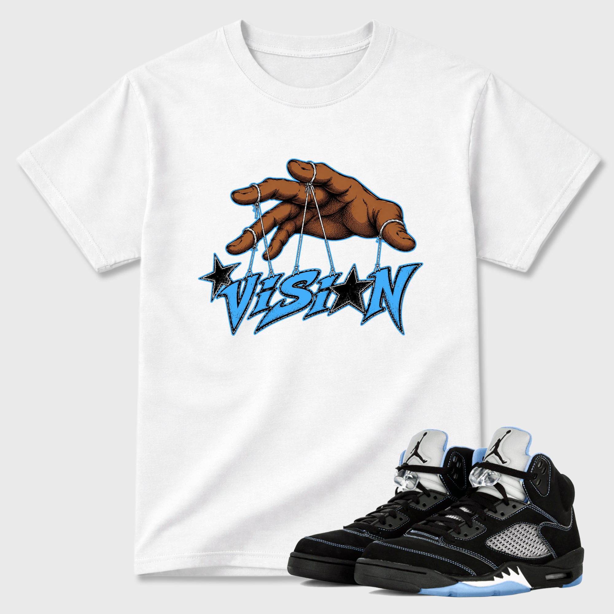 Vision Graphic T-Shirt sneaker match tee designed for the Air Jordan 5 Black Carolina, featuring coordinated color options for a perfect streetwear match. White 1 shirt.