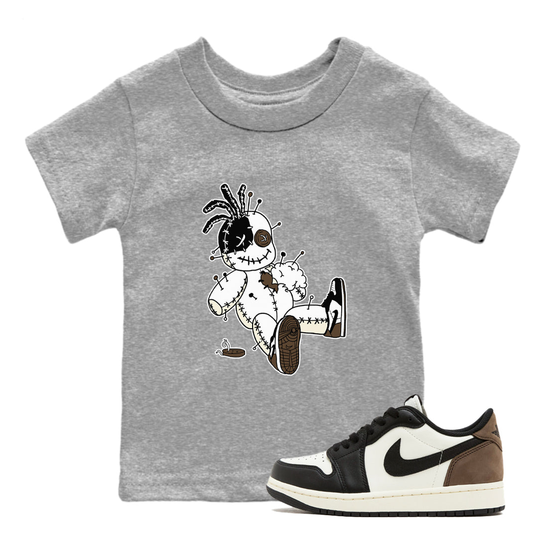 AJ1 Mocha shirts to match jordans Voodoo Doll unique Halloween sneaker tee Air Jordan 1 Mocha SNRT Sneaker Tees streetwear brand Baby and Youth Heather Grey 1 cotton tee