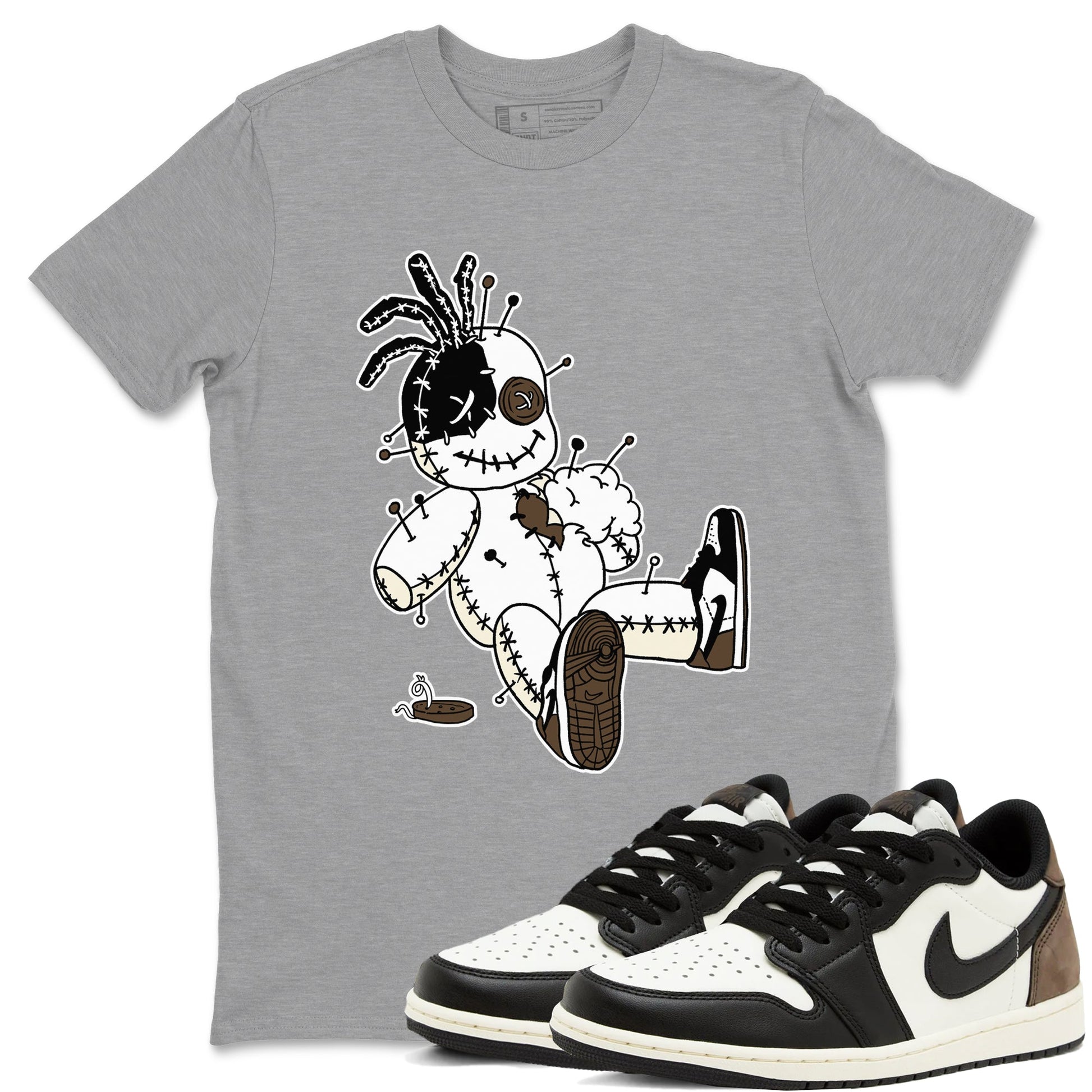 AJ1 Mocha shirts to match jordans Voodoo Doll unique Halloween sneaker tee Air Jordan 1 Mocha SNRT Sneaker Tees streetwear brand Heather Grey 1 unisex cotton tee