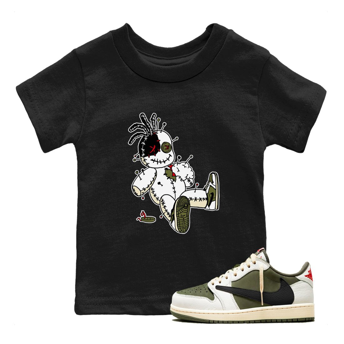 1s Travis Scott Medium Olive shirts to match jordans Voodoo Doll unique Halloween sneaker tee Air Jordan 1 Travis Scott Medium Olive SNRT Sneaker Tees streetwear brand Baby and Youth Black 1 cotton tee