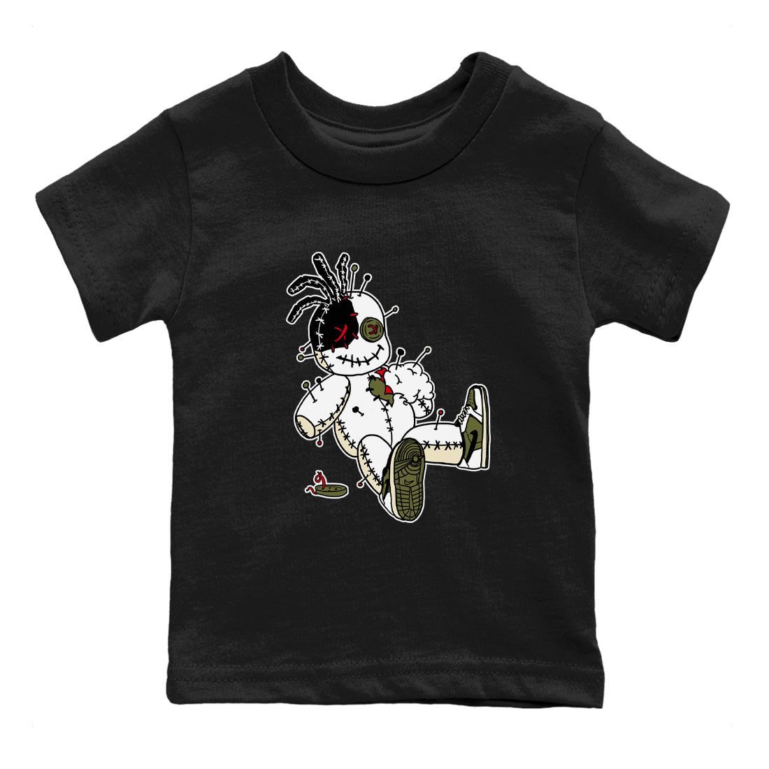 1s Travis Scott Medium Olive shirts to match jordans Voodoo Doll unique Halloween sneaker tee Air Jordan 1 Travis Scott Medium Olive SNRT Sneaker Tees streetwear brand Baby and Youth Black 2 cotton tee