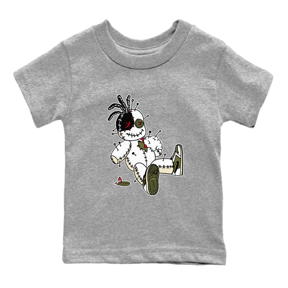 1s Travis Scott Medium Olive shirts to match jordans Voodoo Doll unique Halloween sneaker tee Air Jordan 1 Travis Scott Medium Olive SNRT Sneaker Tees streetwear brand Baby and Youth Heather Grey 2 cotton tee