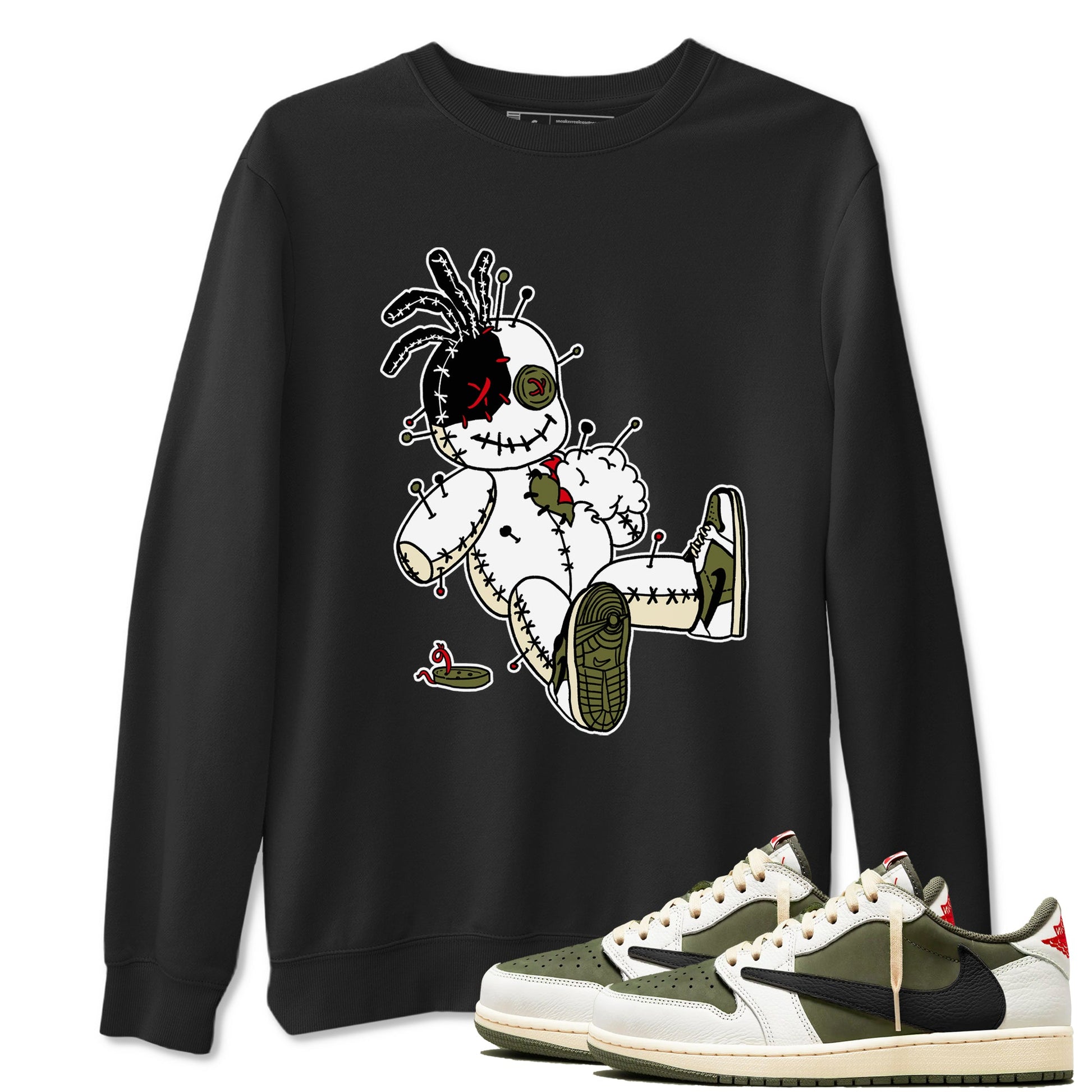 1s Travis Scott Medium Olive shirts to match jordans Voodoo Doll unique Halloween sneaker tee Air Jordan 1 Travis Scott Medium Olive SNRT Sneaker Tees streetwear brand Black 1 unisex cotton tee