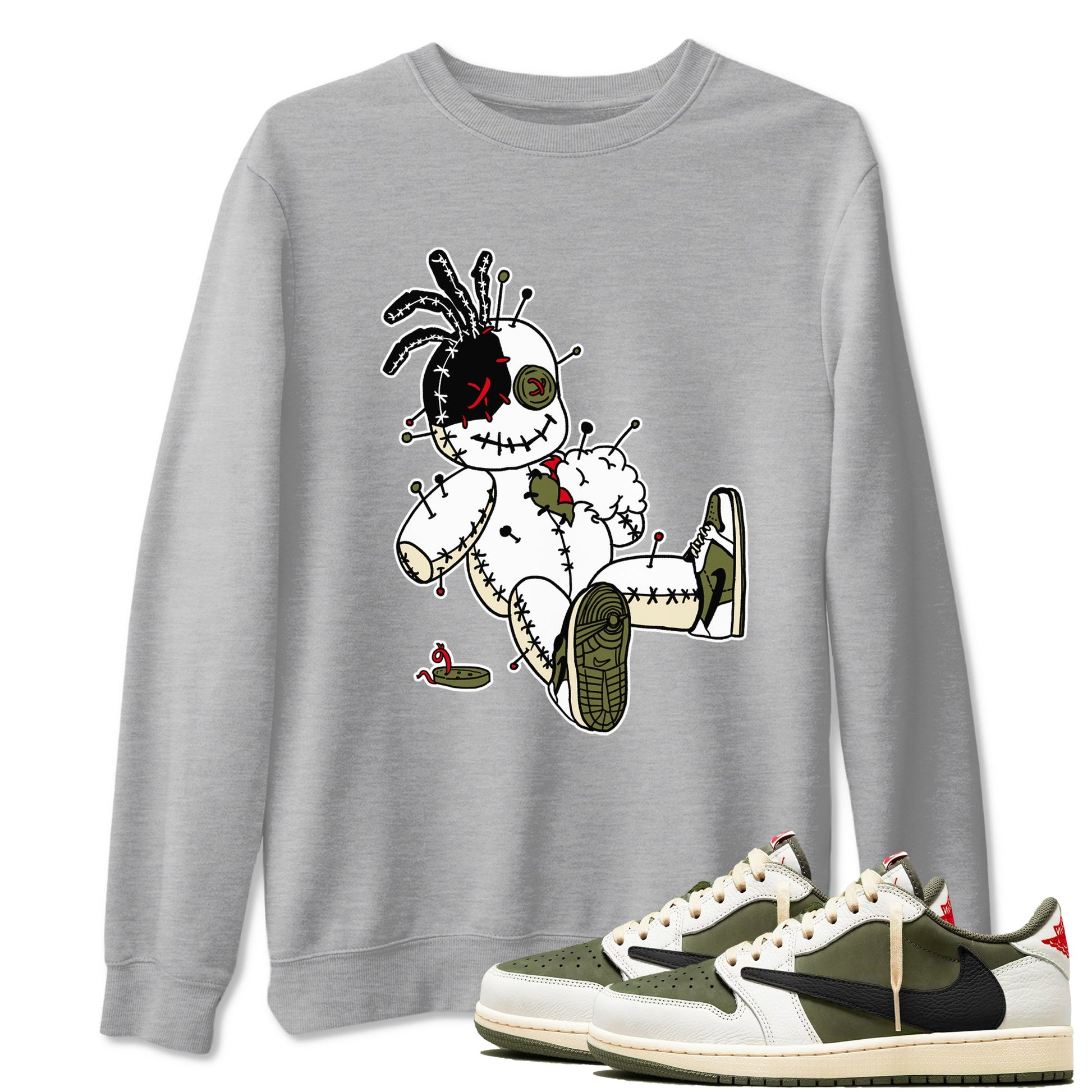 1s Travis Scott Medium Olive shirts to match jordans Voodoo Doll unique Halloween sneaker tee Air Jordan 1 Travis Scott Medium Olive SNRT Sneaker Tees streetwear brand Heather Grey 1 unisex cotton tee