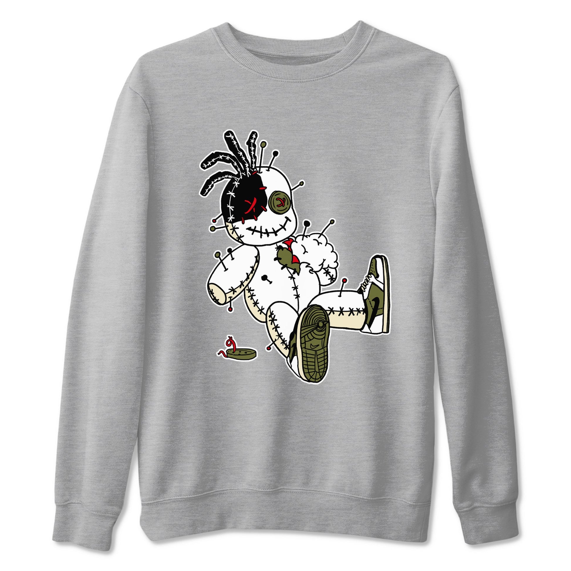 1s Travis Scott Medium Olive shirts to match jordans Voodoo Doll unique Halloween sneaker tee Air Jordan 1 Travis Scott Medium Olive SNRT Sneaker Tees streetwear brand Heather Grey 2 unisex cotton tee
