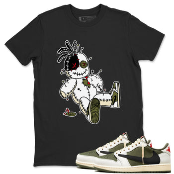 1s Travis Scott Medium Olive shirts to match jordans Voodoo Doll unique Halloween sneaker tee Air Jordan 1 Travis Scott Medium Olive SNRT Sneaker Tees streetwear brand Black 1 unisex cotton tee
